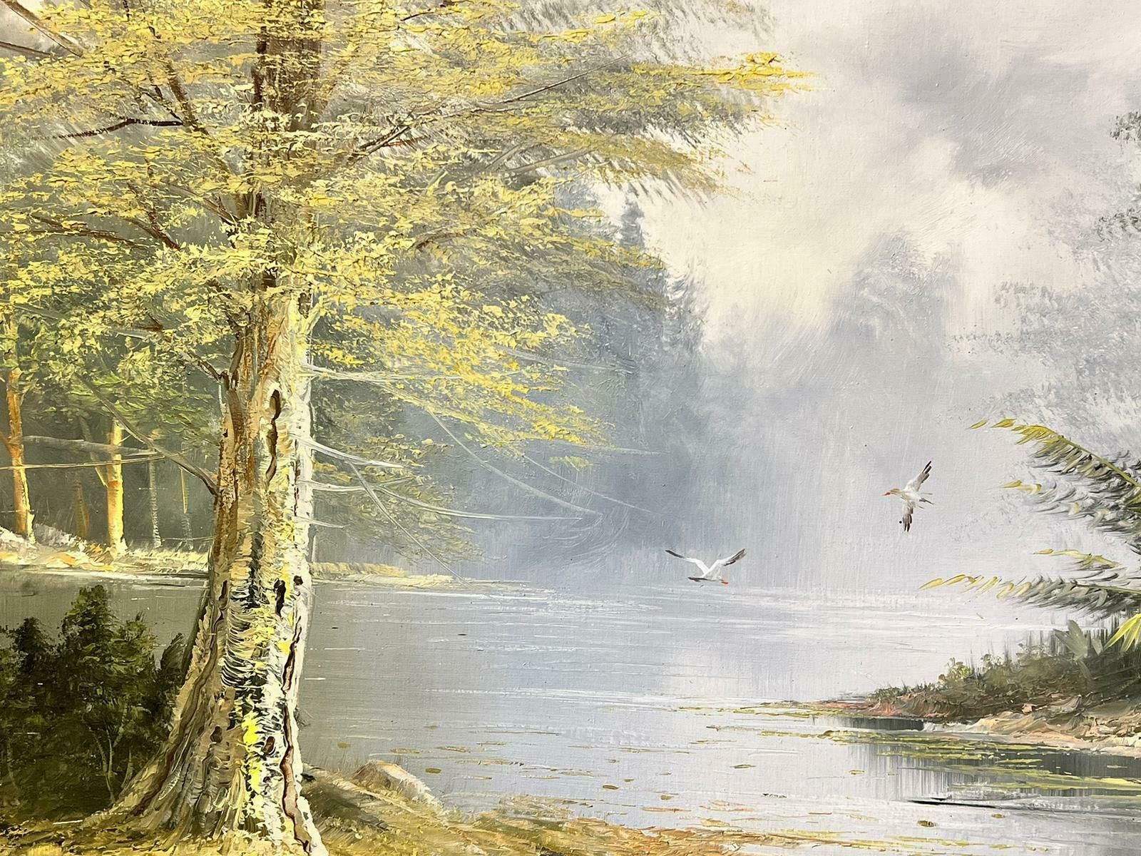 European Artistlarge Traditional Signed Oil Painting Gilt Swept Frame River Woodlands Birds photo 1634.0