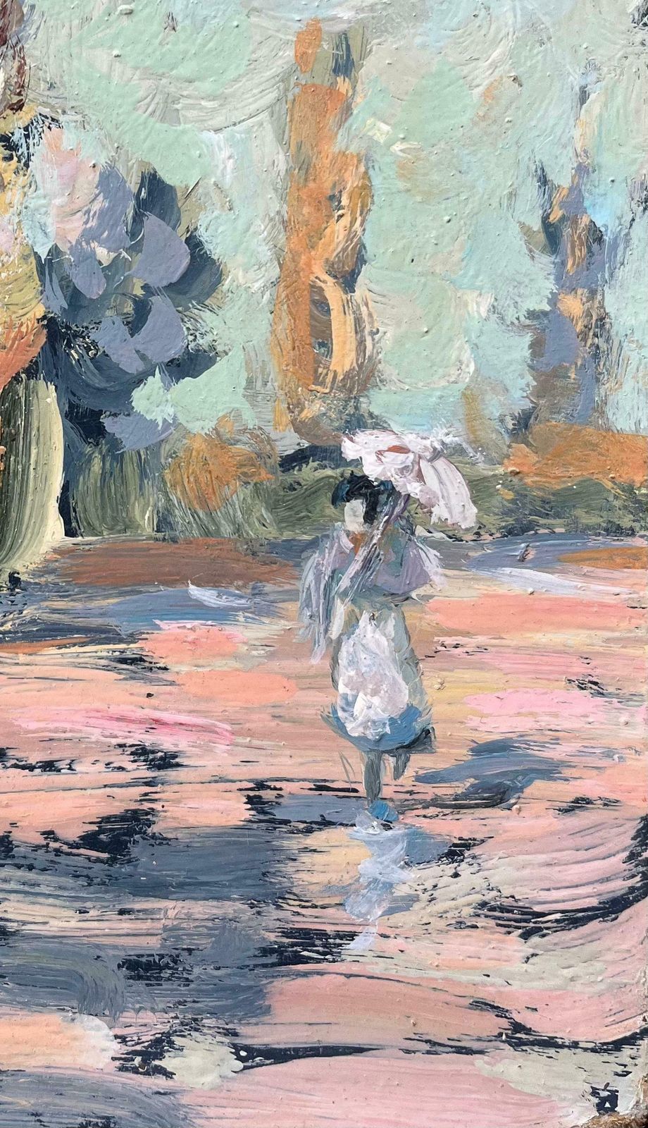 Fanch Lelfrench Impressionist Oil Painting Of A Lady Strolling With Parasol Among Trees1997 photo for sale