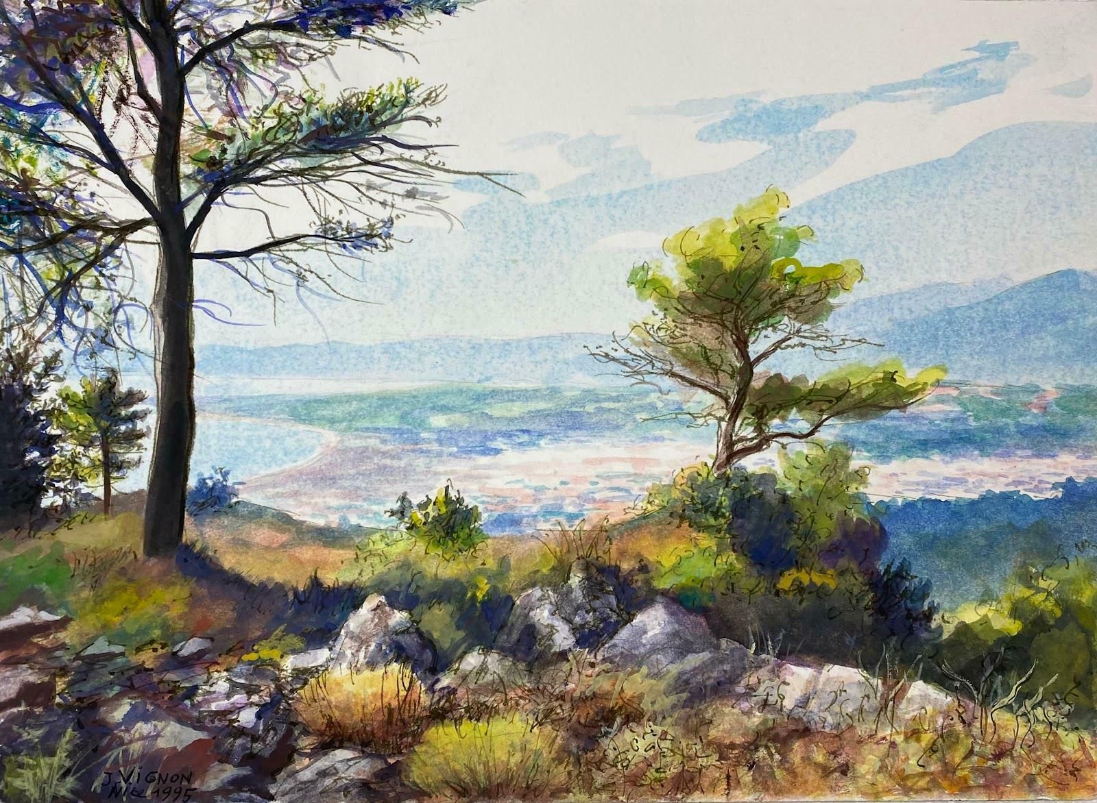 Josine Vignonpost Impressionist Watercolour Painting Landscape Overlooking The City Of Nicec.1995