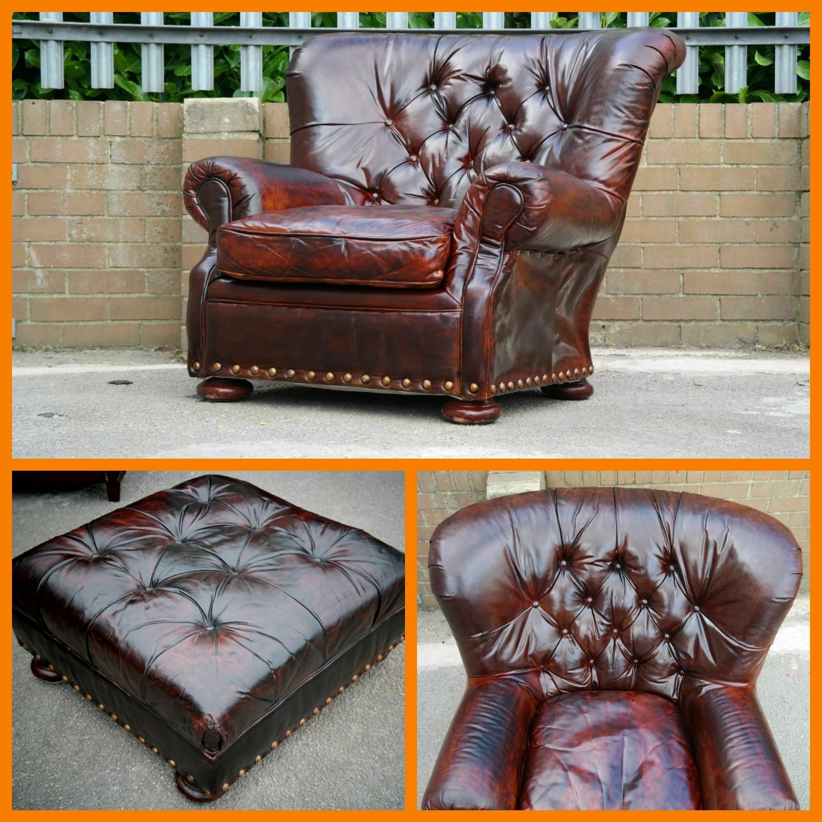 Restoration Hardware Writers Henredon Leather Armchair Footstool Antique Brown
