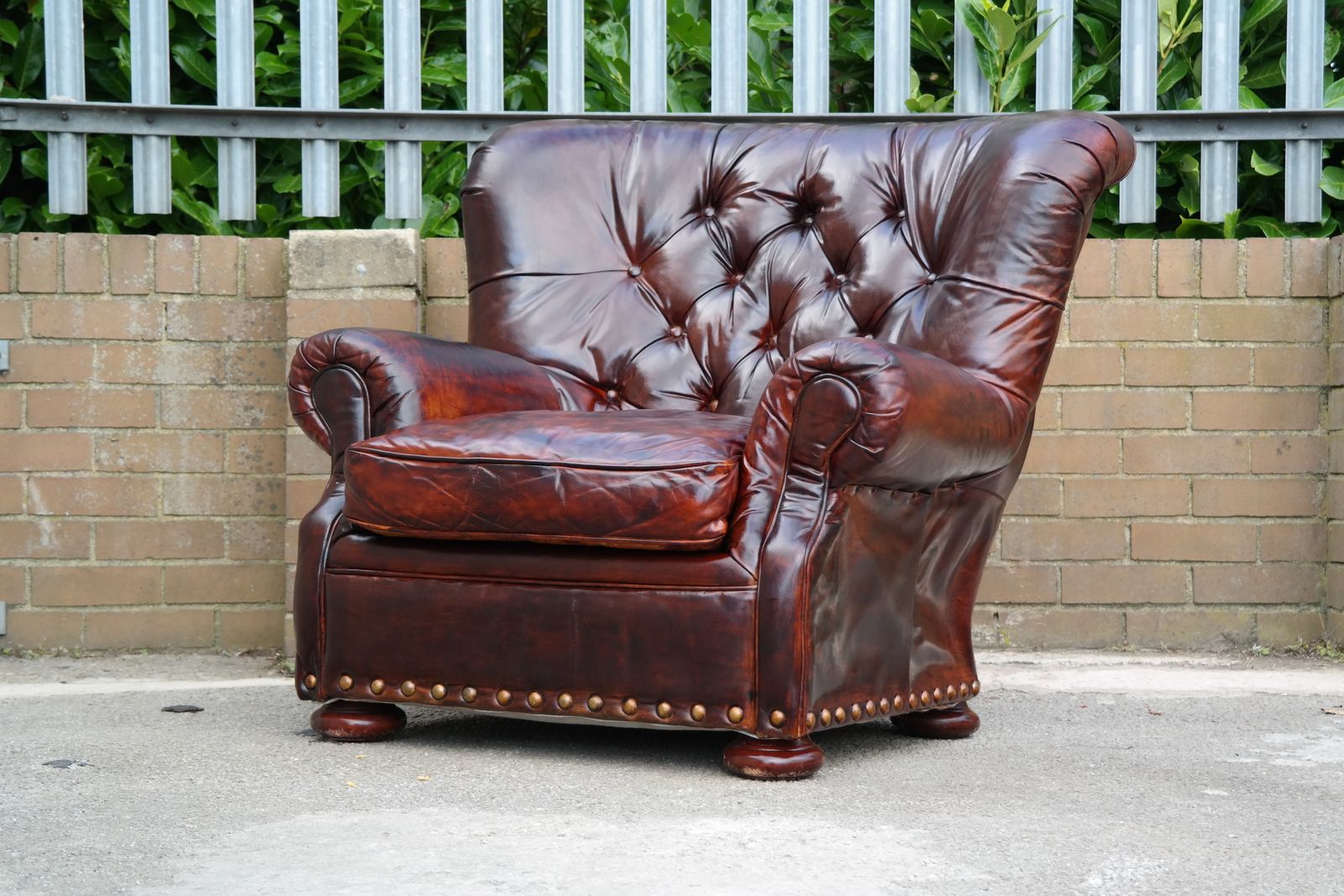 Restoration Hardware Writers Henredon Leather Armchair Footstool Antique Brown photo vinterior