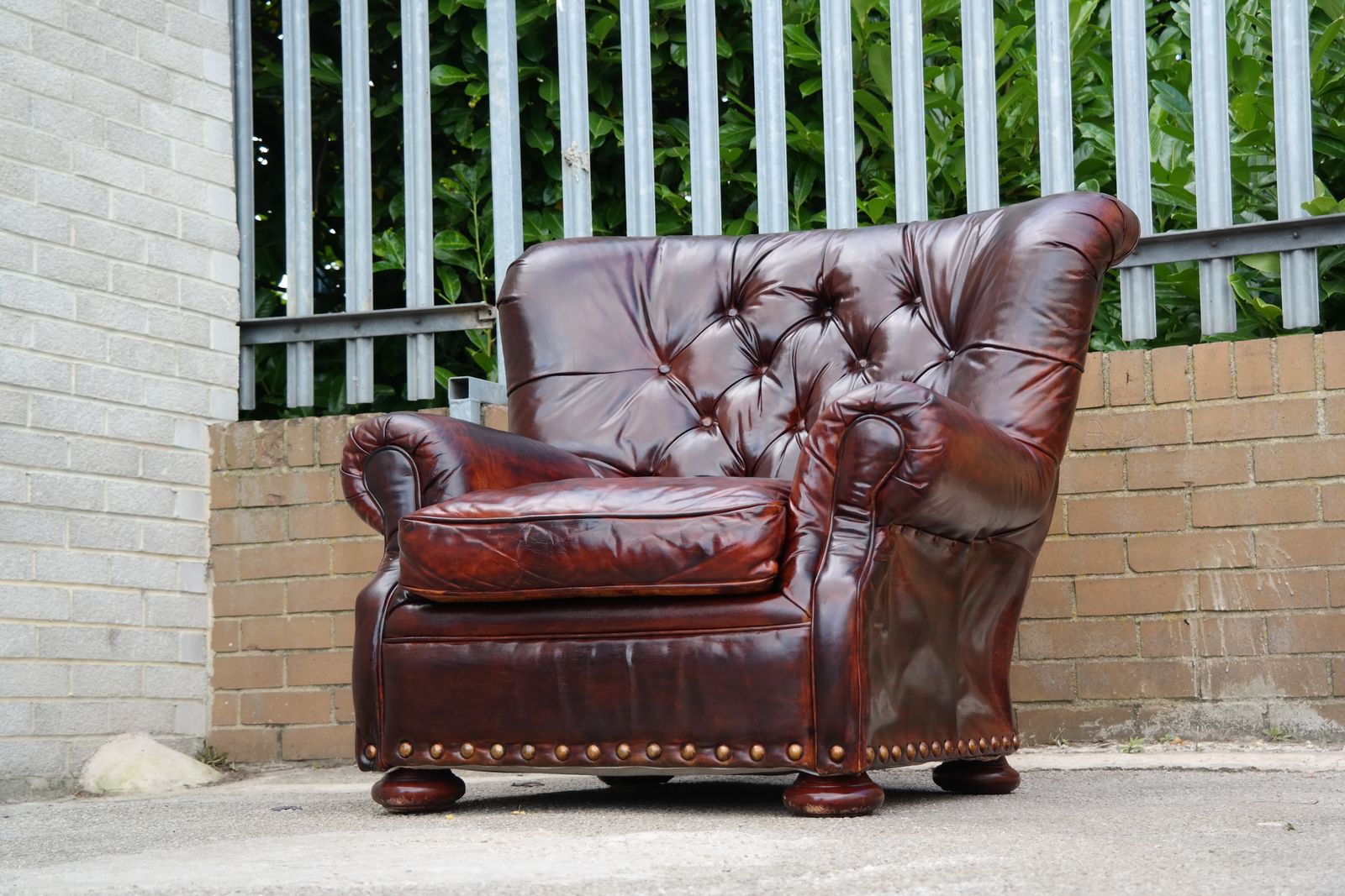 Furniture Restoration Hardware Writers Henredon Leather Armchair Footstool Antique Brown photo