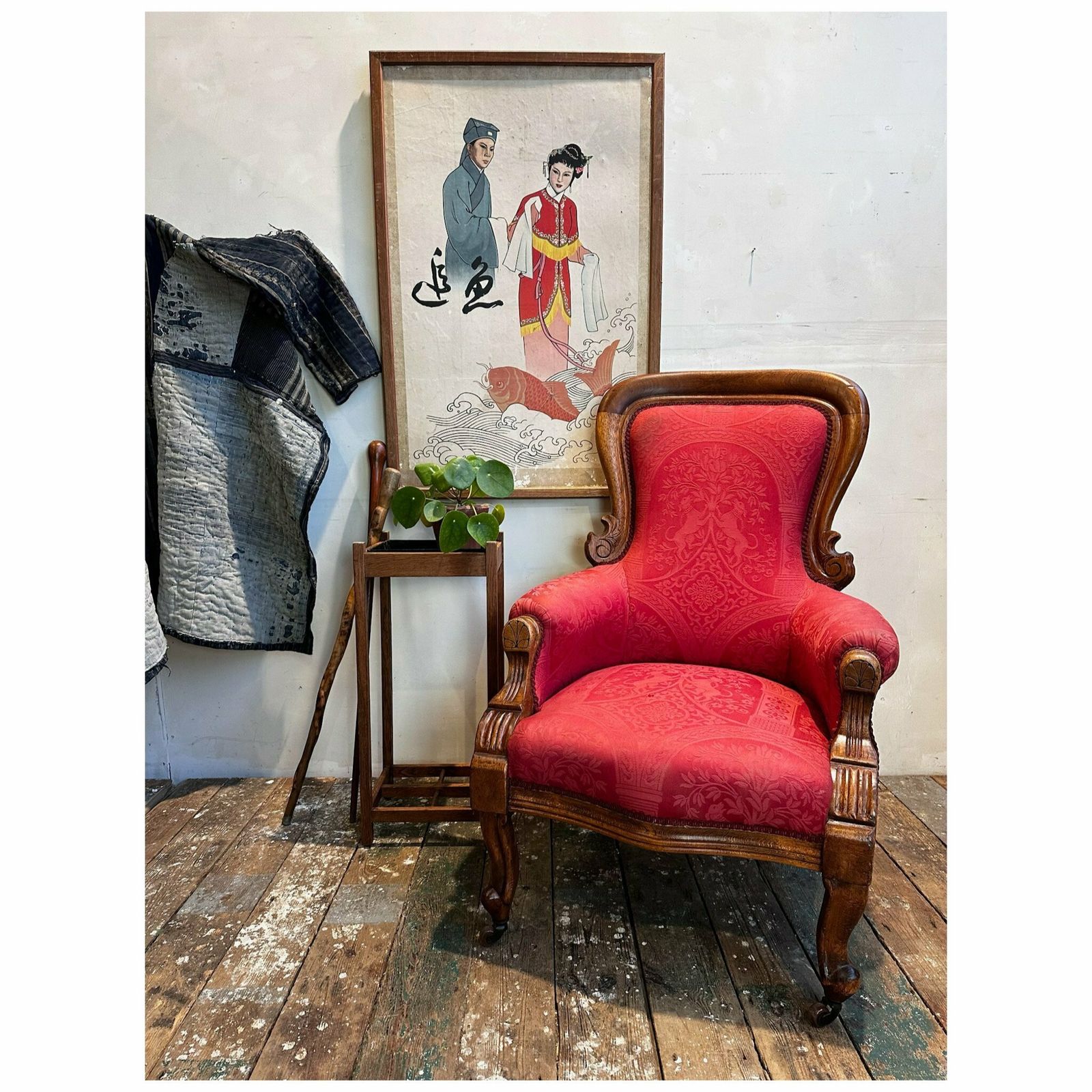 Antique English Oak Show Wood Upholstered Armchair C.1910