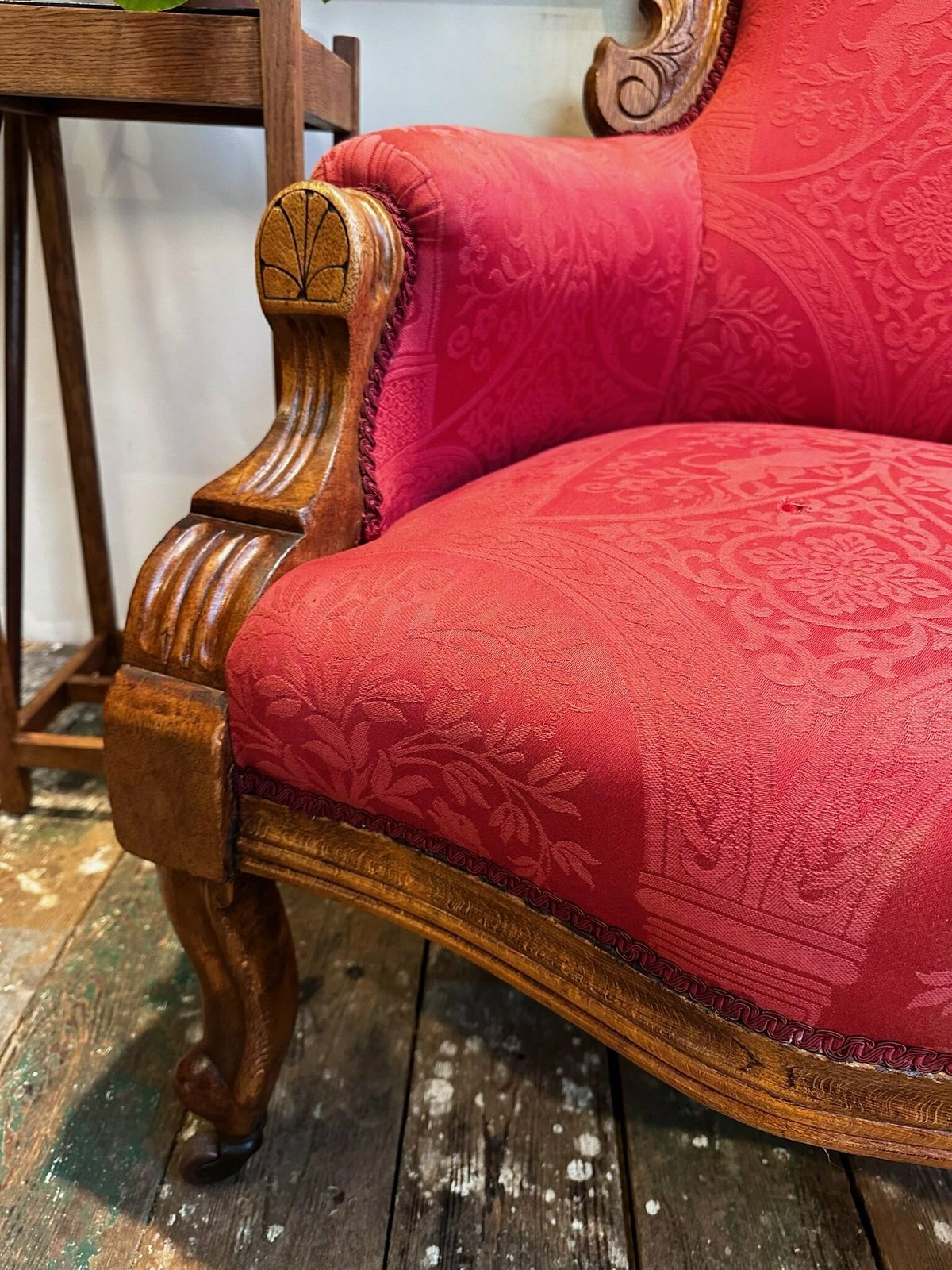 Antique English Oak Show Wood Upholstered Armchair C.1910 photo Furniture