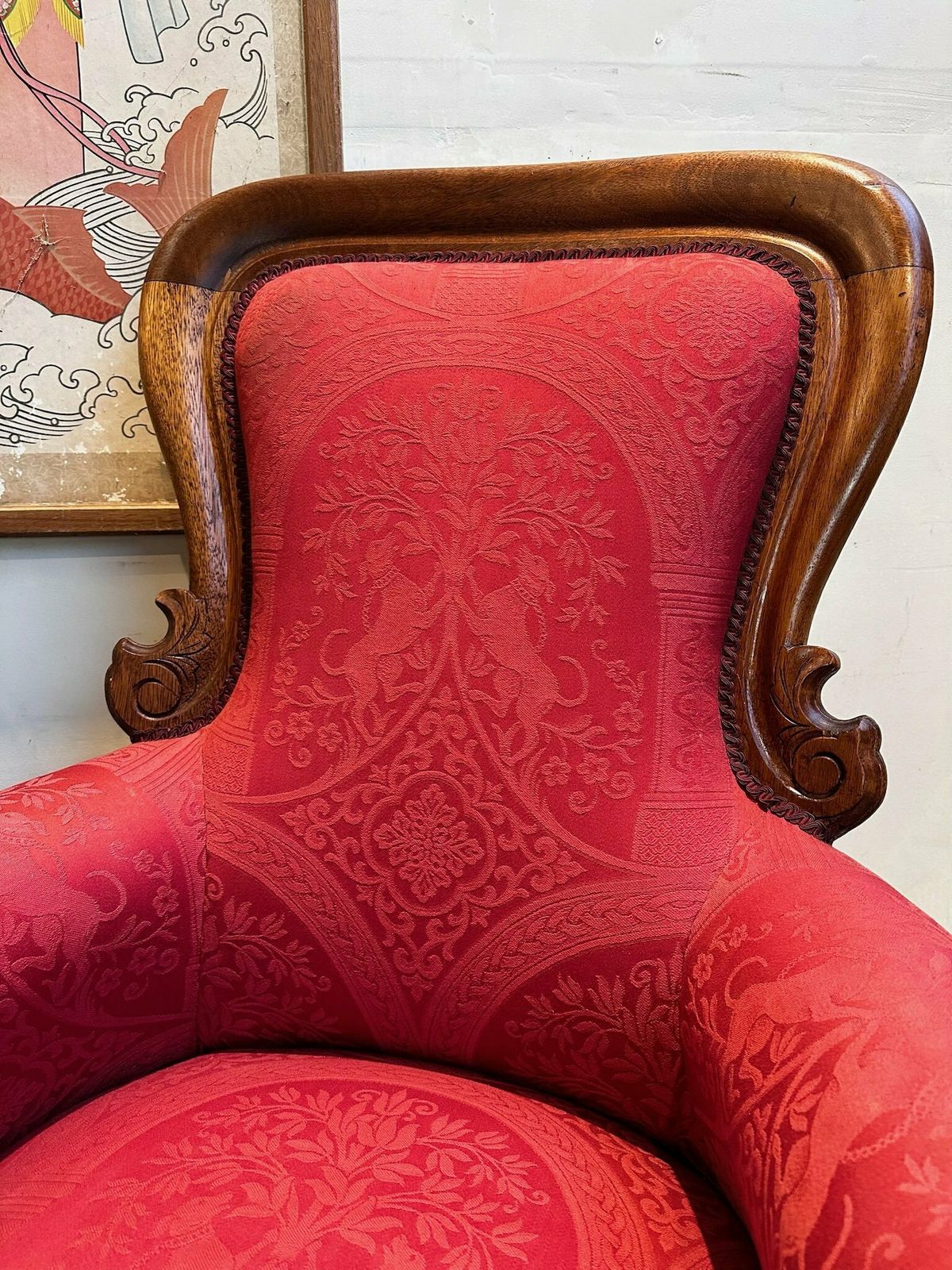 Antique English Oak Show Wood Upholstered Armchair C.1910 photo vinterior