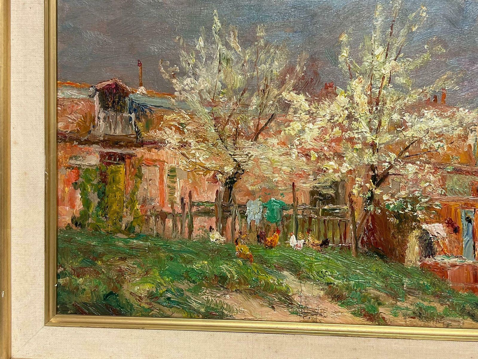 French School Antique French Impressionist Oil Chickens Before Farmhouse In Landscape photo for sale