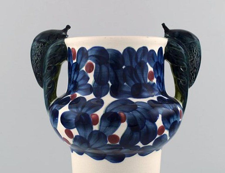 Aluminia, Copenhagen, Rare Snail Vase, Hand Painted With Snails And Floral Motif photo for sale