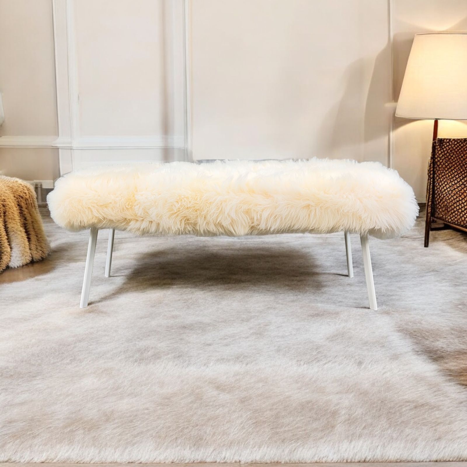 White Yeti Real Sheepskin Fluffy Furry Bench Chair  Bedside