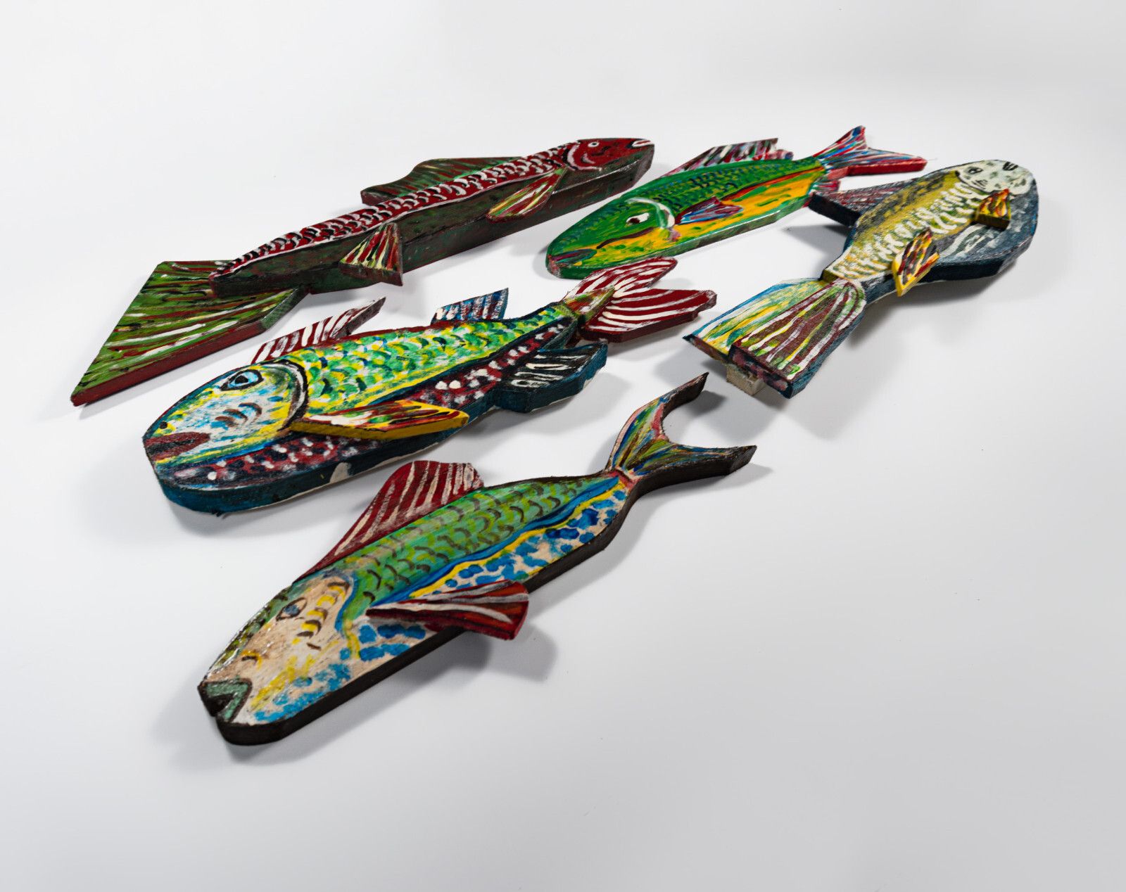 Set Of 5 Large Painted Wooden Wall Hanging Fish Hand Made British Folk Art photo furniture
