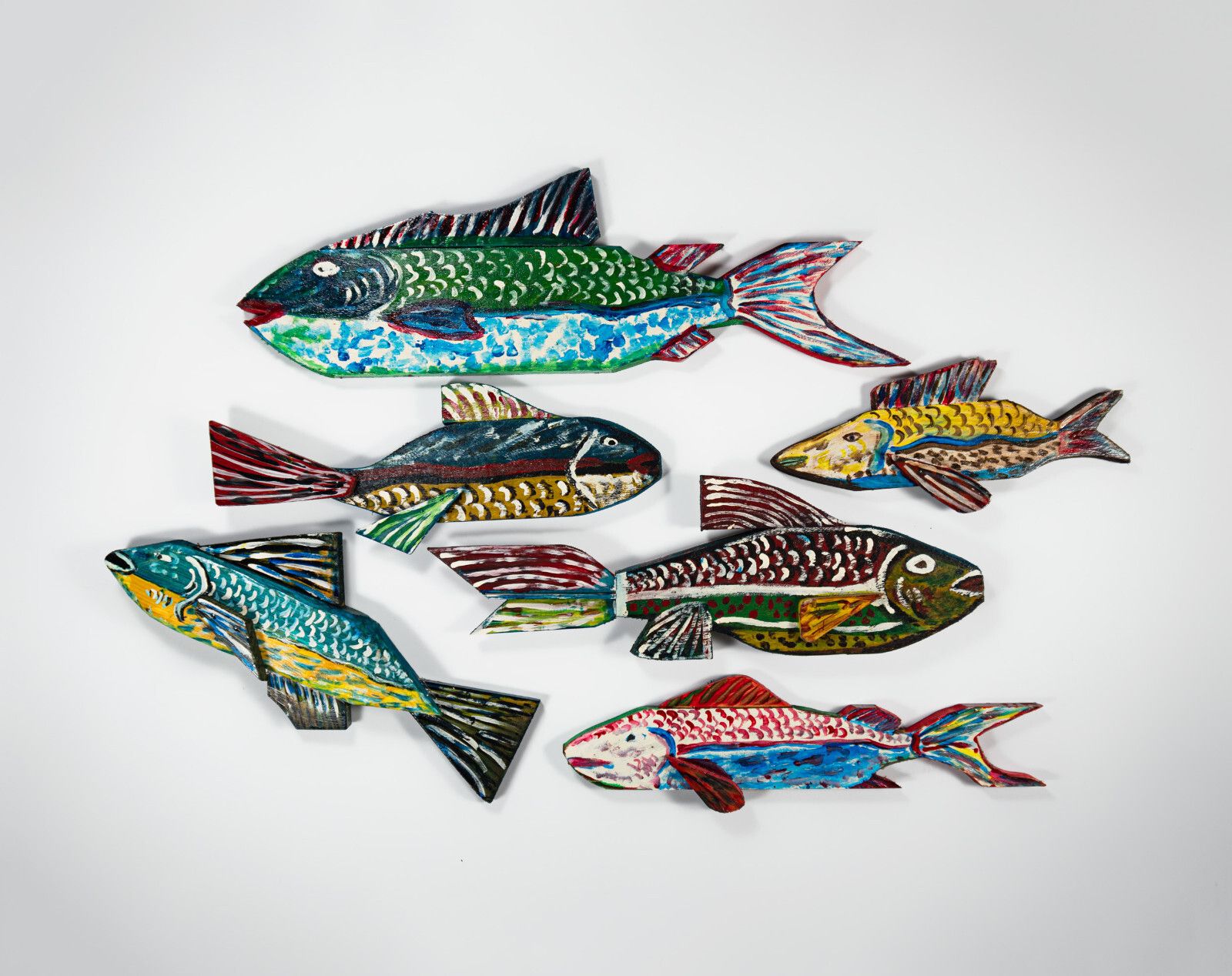 Set Of 6 Large Painted Wooden Wall Hanging Fish Hand Made British Folk Art