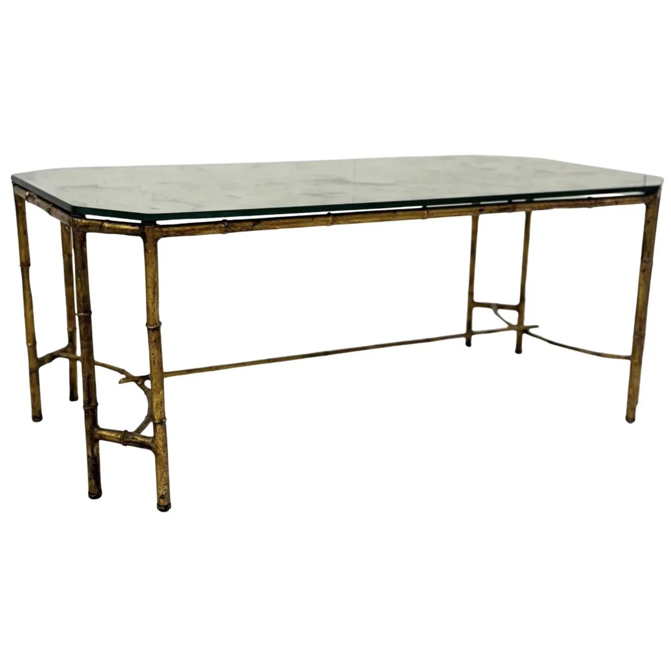 Gold Metal Faux Bamboo Coffee Table With Spacer, In The Style Of Maison Baguès