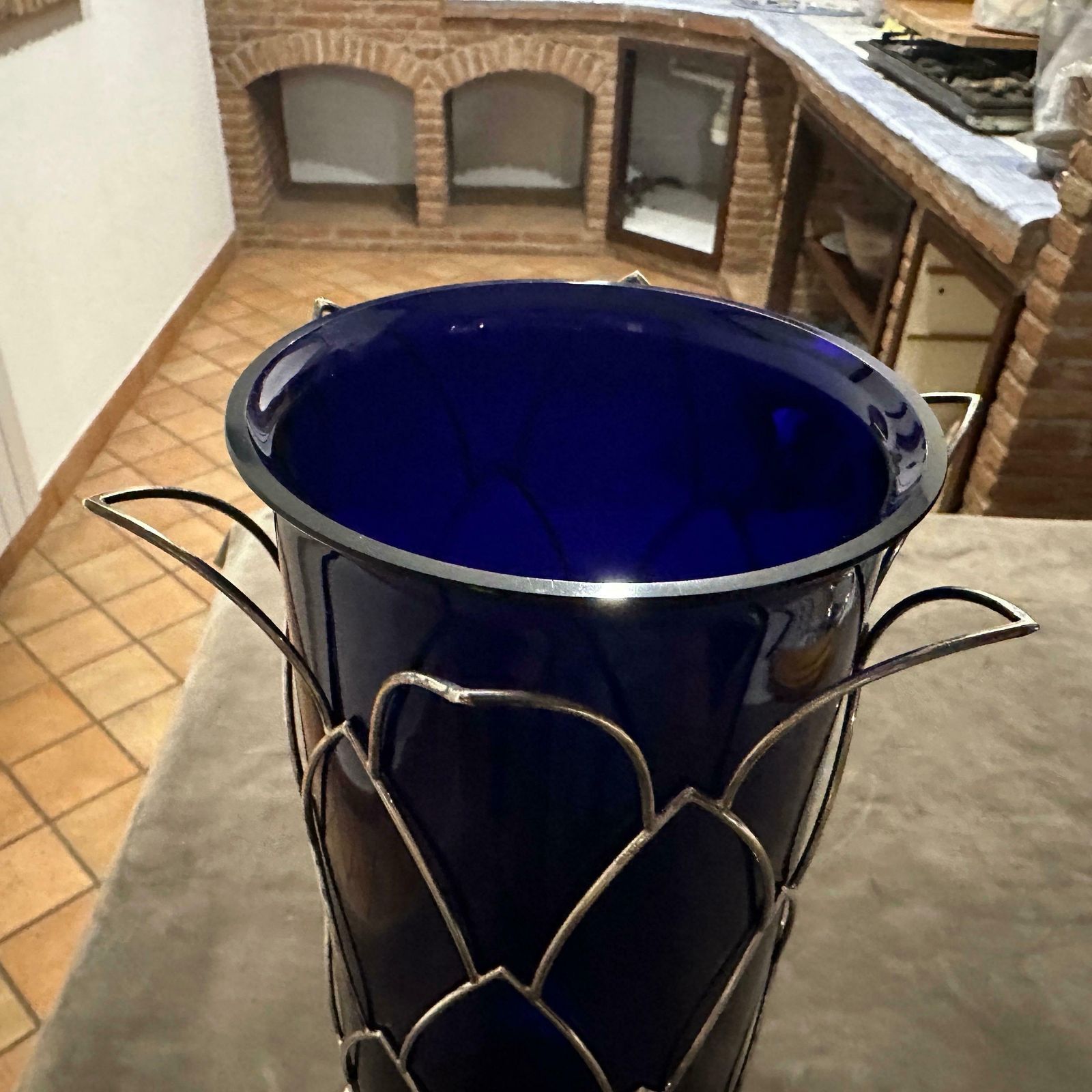 1980s Modernist Sterling Silver And Blue Murano Glass Vase By Cleto Munari photo Home Decor