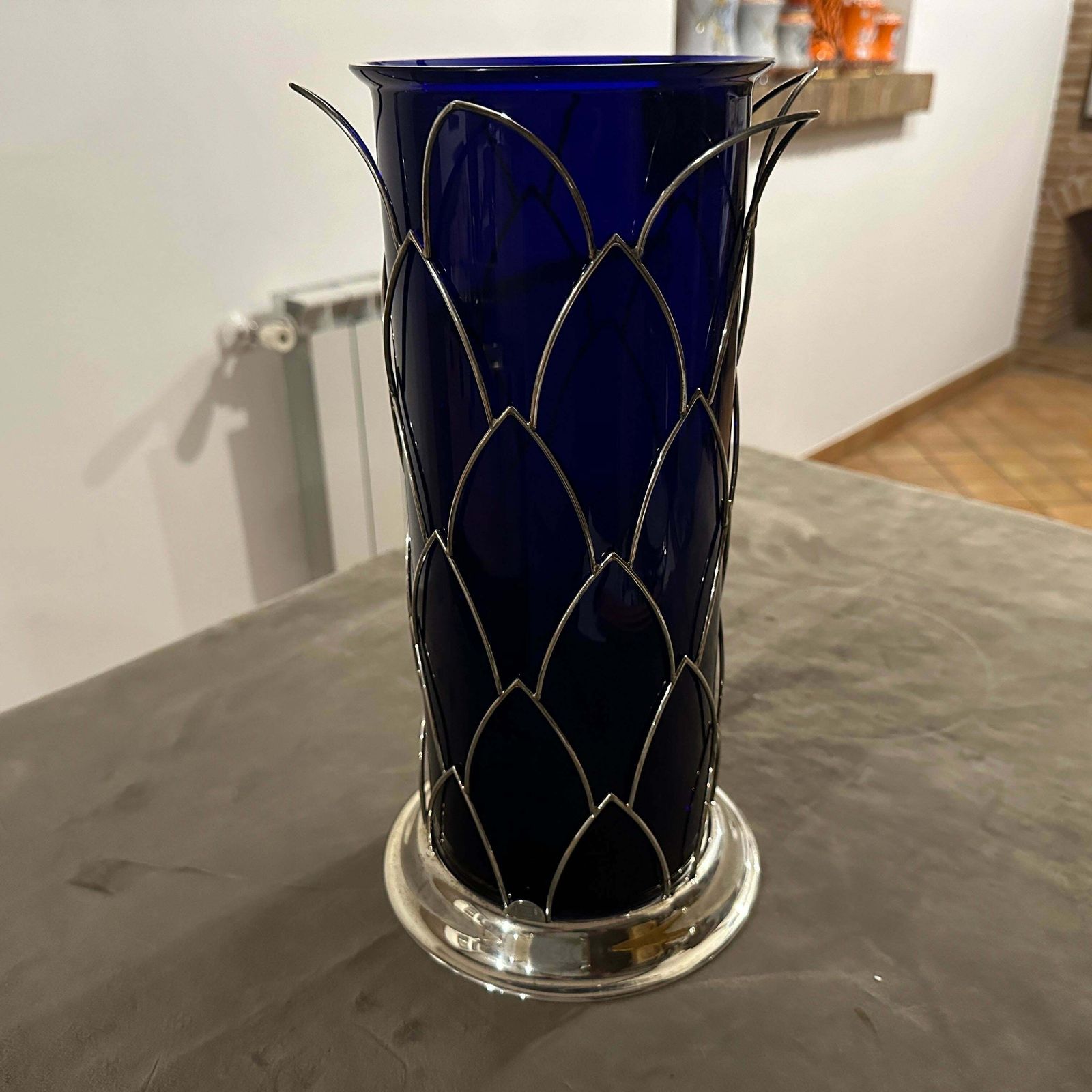 1980s Modernist Sterling Silver And Blue Murano Glass Vase By Cleto Munari photo buy