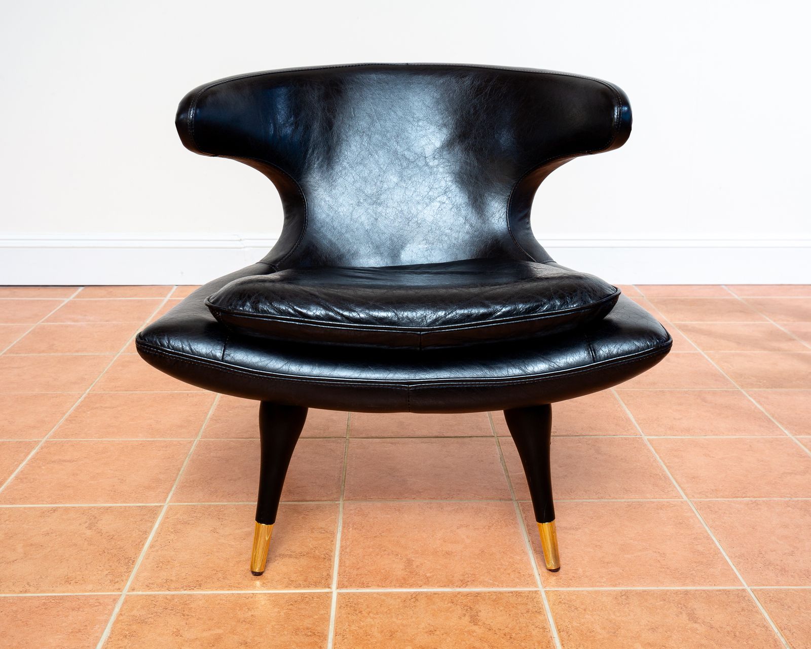 Italian Black Leather Statement Lounge Chair Mid Century Modernist Space Age Karpen Style Horn Chair Mcm Gold Brass photo furniture