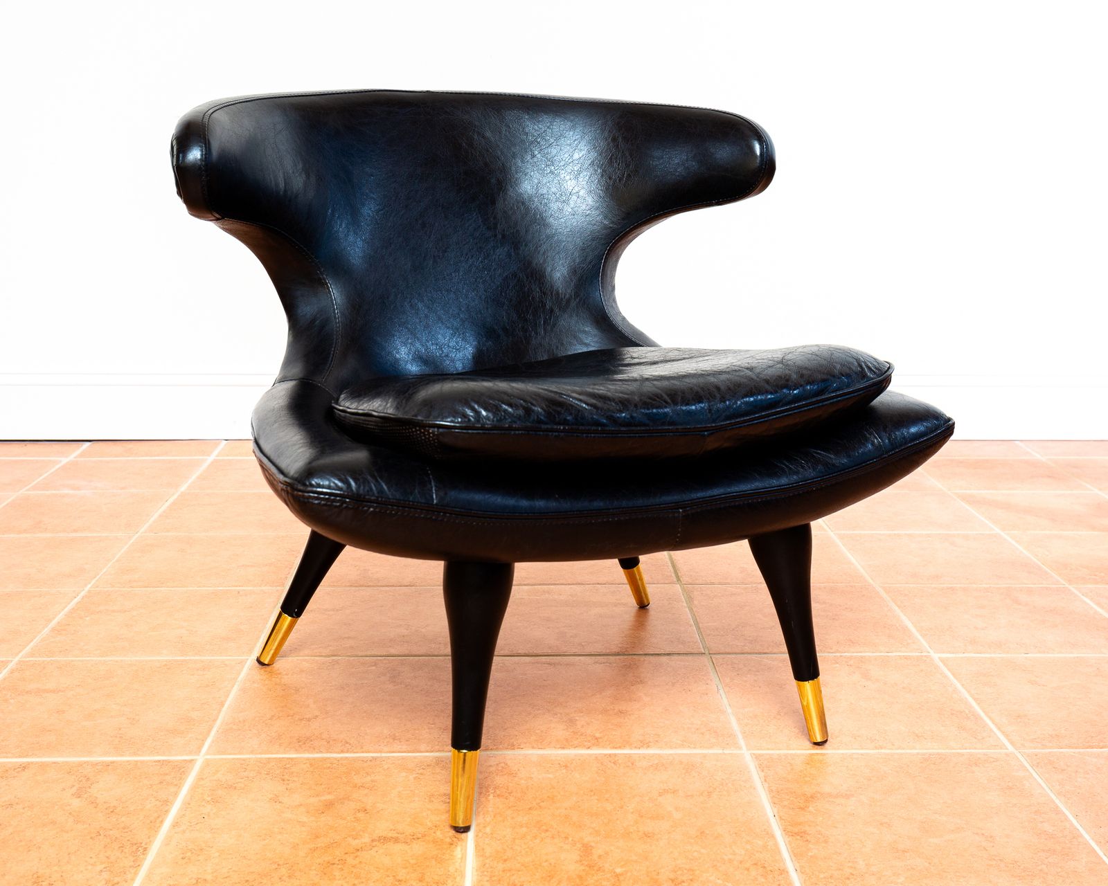 Italian Black Leather Statement Lounge Chair Mid Century Modernist Space Age Karpen Style Horn Chair Mcm Gold Brass photo for sale