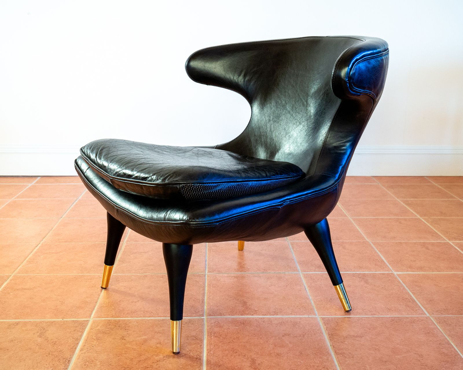 1995.0 Italian Black Leather Statement Lounge Chair Mid Century Modernist Space Age Karpen Style Horn Chair Mcm Gold Brass photo