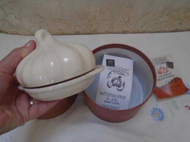 photo furniture Vintage French Terracotta Garlic Roaster, White Ceramic Garlic Holder And Roaster