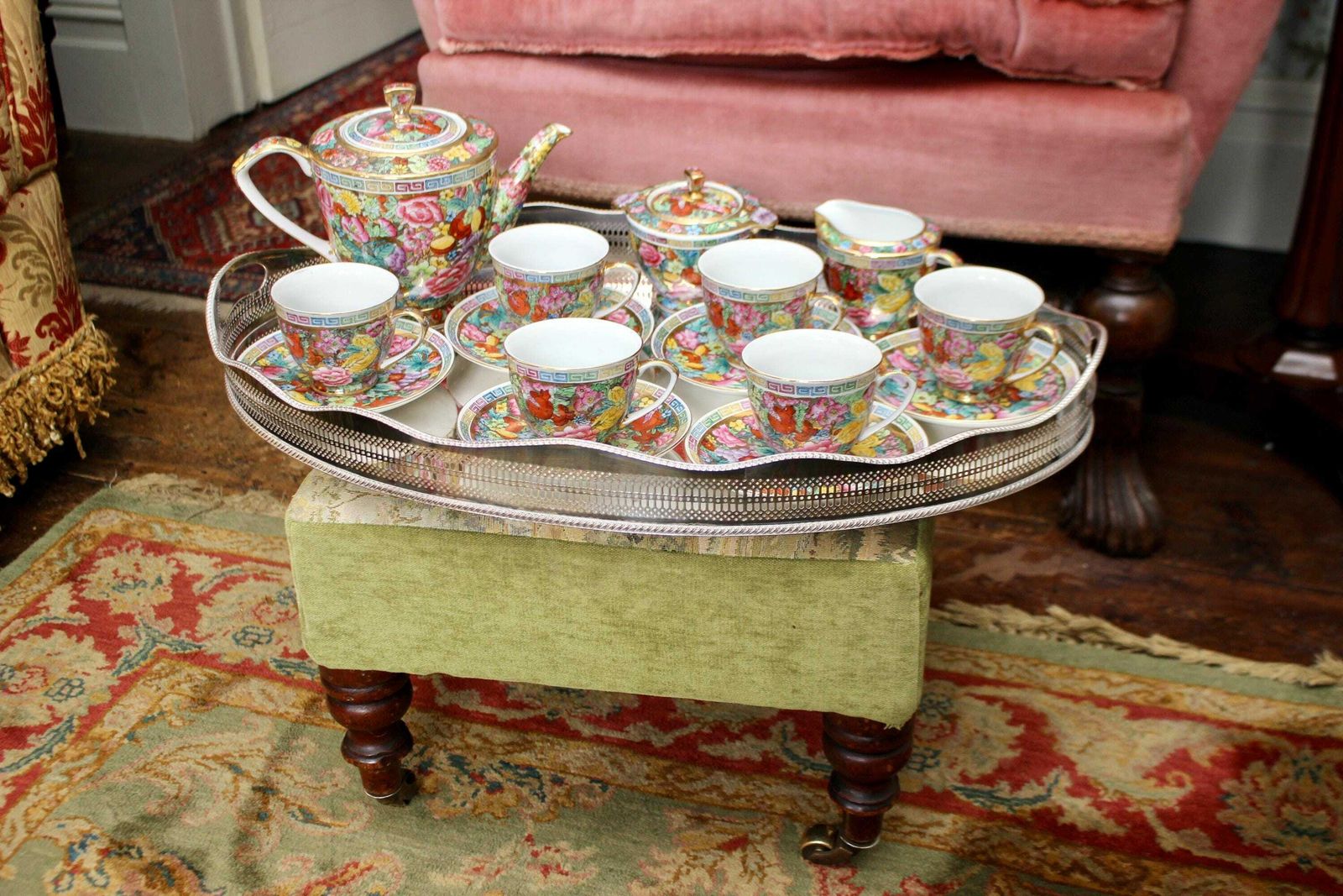 A Very Pretty Chinese Millefleur Tea Set For Six, Gold Ground photo furniture
