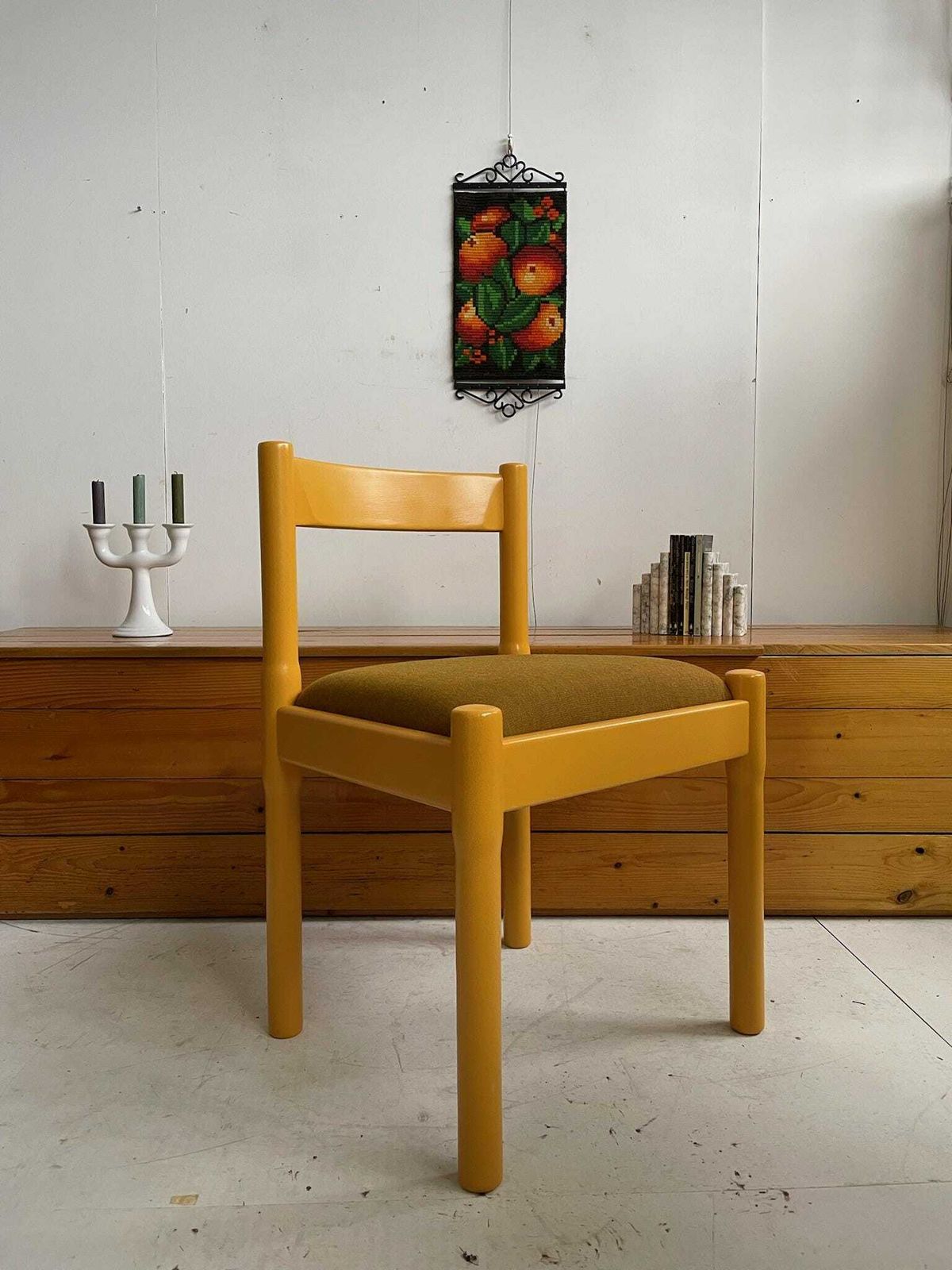 Vico Magistretti Carimate Dining Chair Painted In Marigold Yellow With Mustard Kvadrat Fabric Seat
