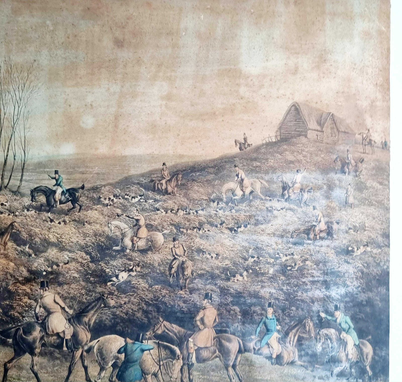 Large Original Antique Coloured Engraving Depicting Hare Hunting photo buy
