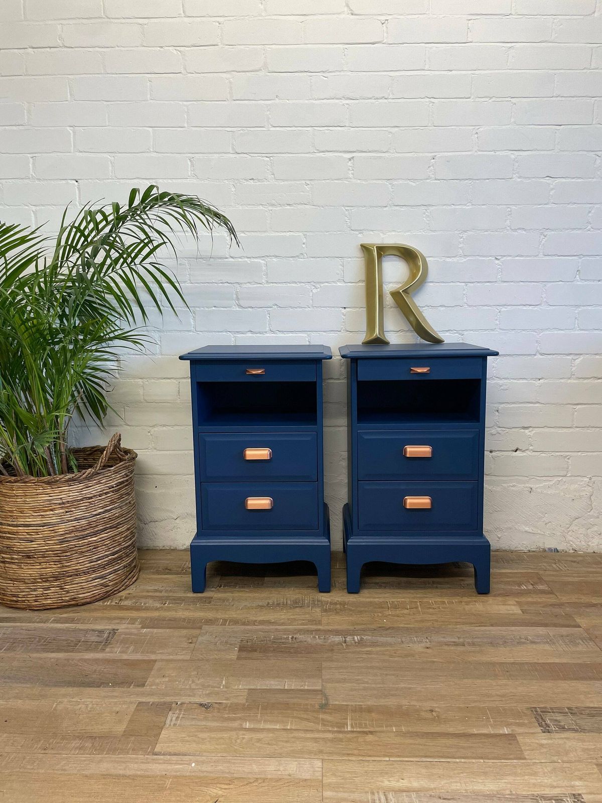 Stag Minstrel Pair (2) Of Bedsides Narrow Painted Blue