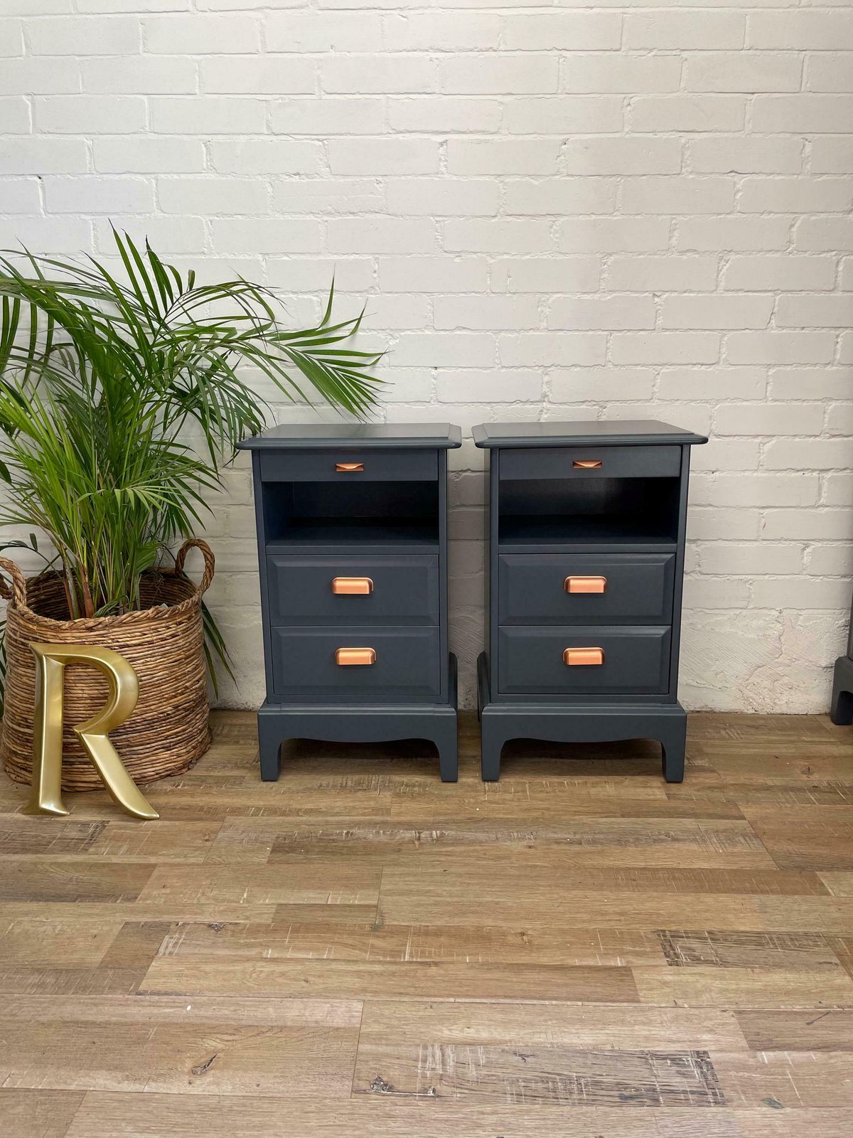Pair (2) Of Stag Minstrel Narrow Bedsides Painted ‘Rooster Blue’ photo furniture