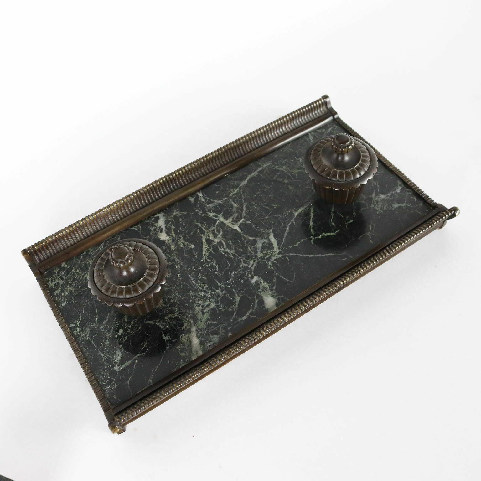 Antique Inkwell Green Marble Bronze Italy XX Century photo Home Decor