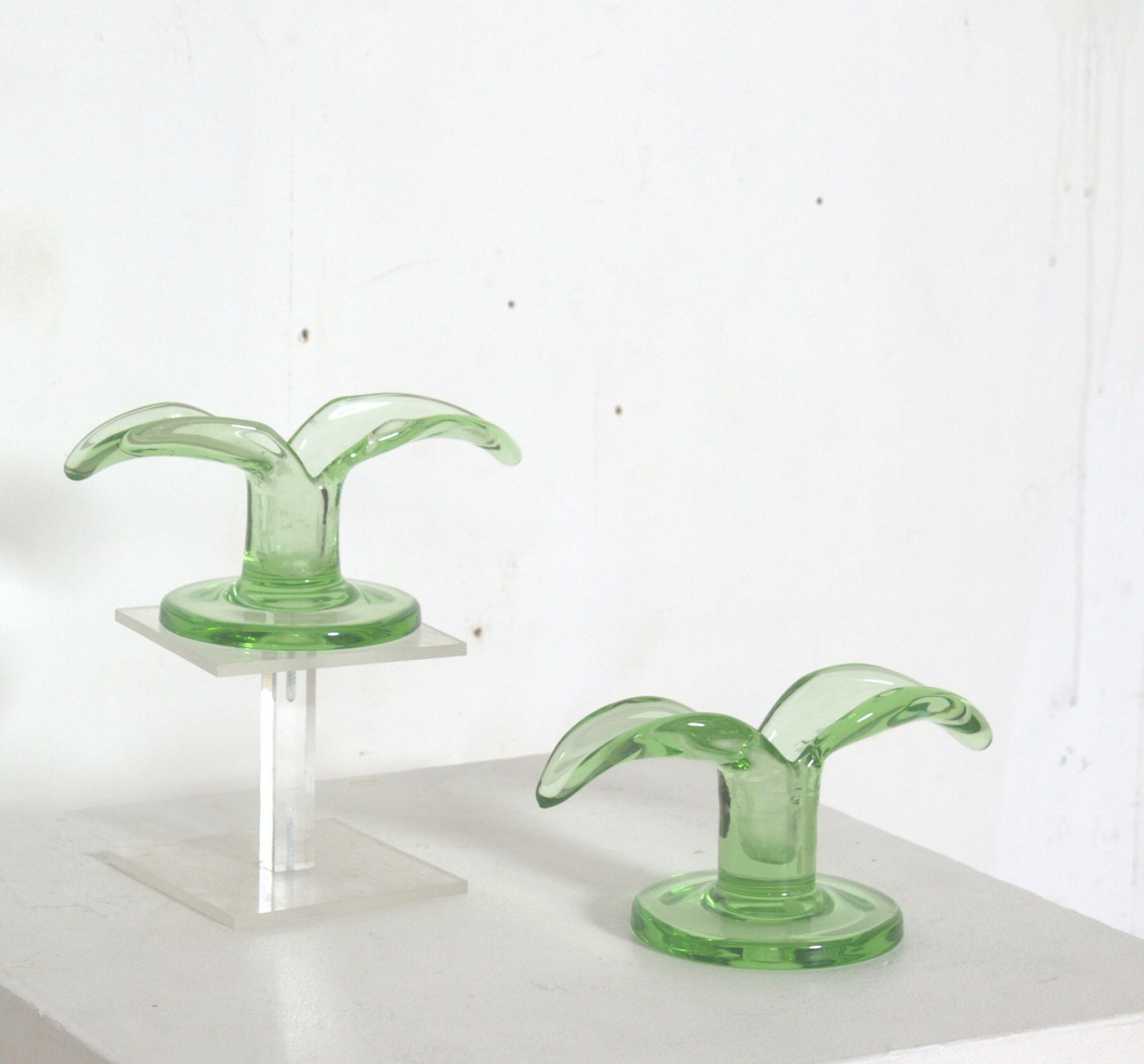 A Pair Of Green Glass Candlesticks Model "Lilja" Made By Trelleborg Glassbruck photo buy