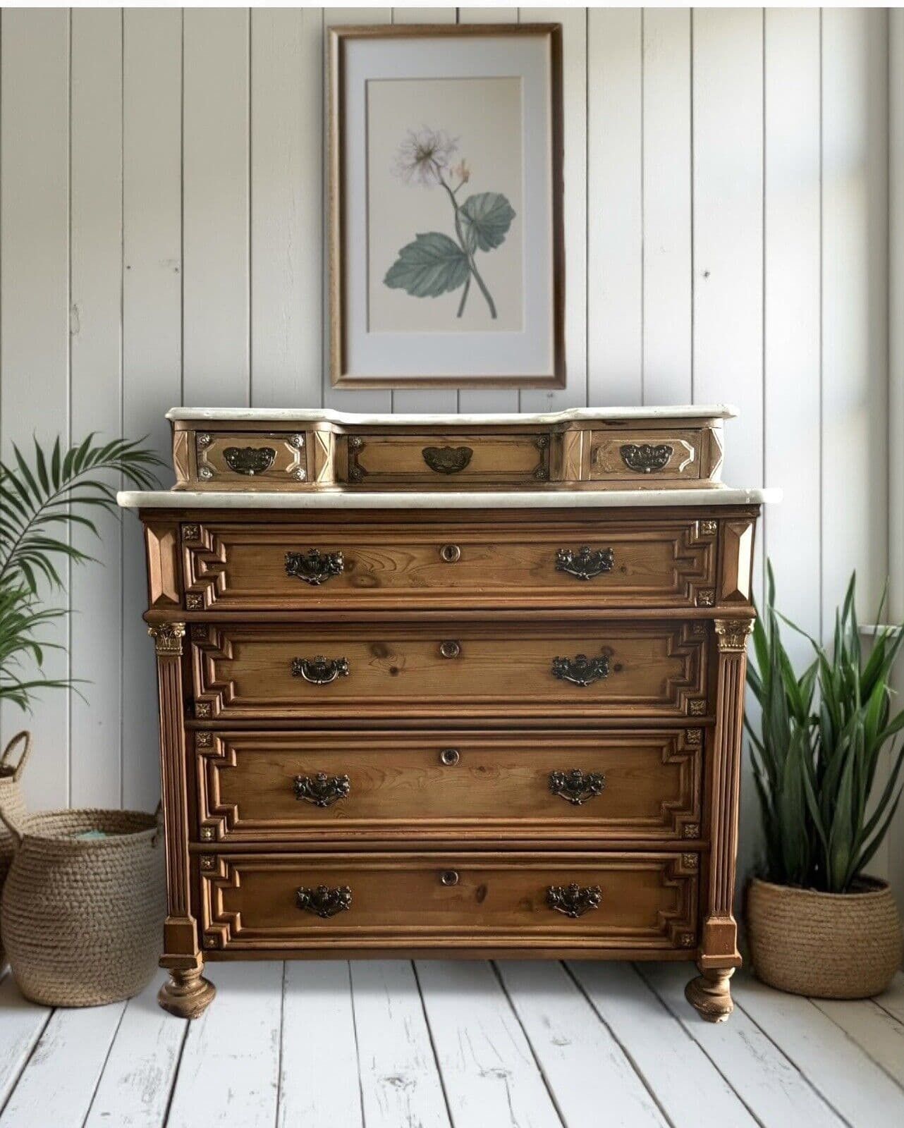 Antique Solid Pine French Style Marble Top Dresser Washstand Chest Of Drawers photo furniture