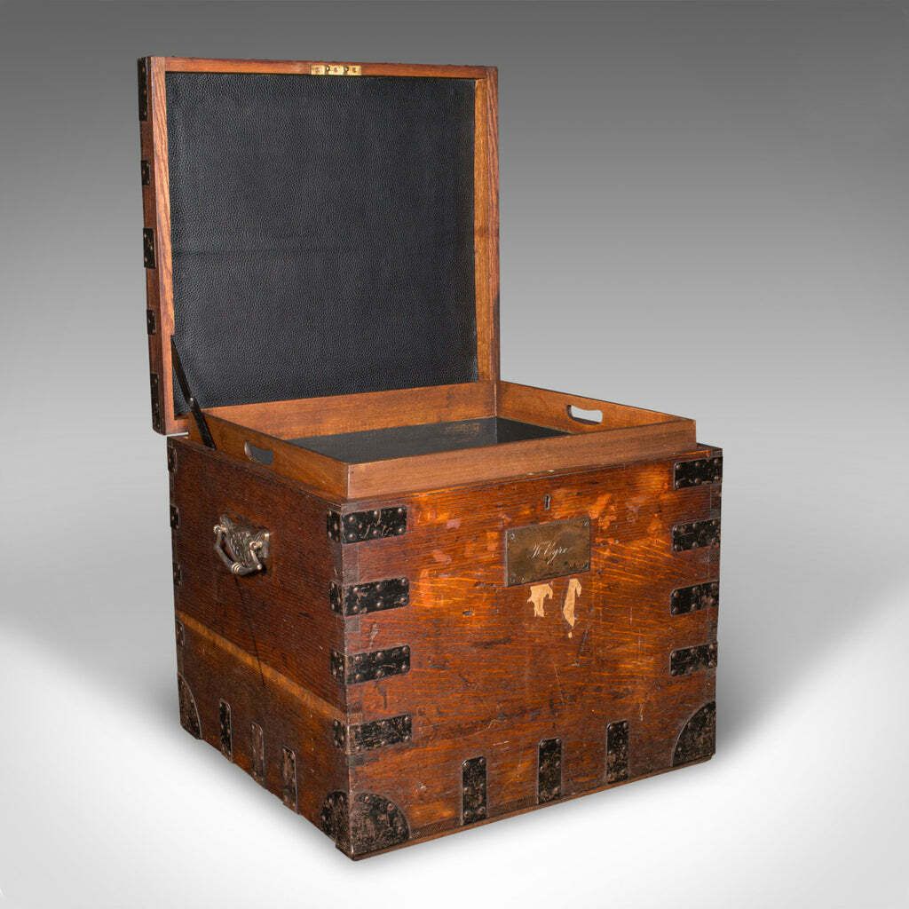 Antique Fitted Silver Chest, English, Oak, Iron Bound, Shipping Trunk, Victorian photo furniture