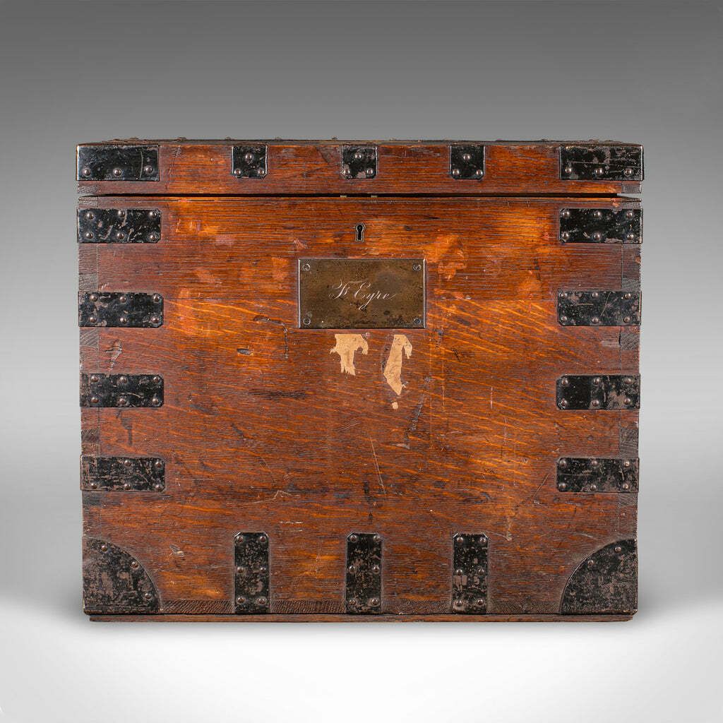 Antique Fitted Silver Chest, English, Oak, Iron Bound, Shipping Trunk, Victorian photo for sale