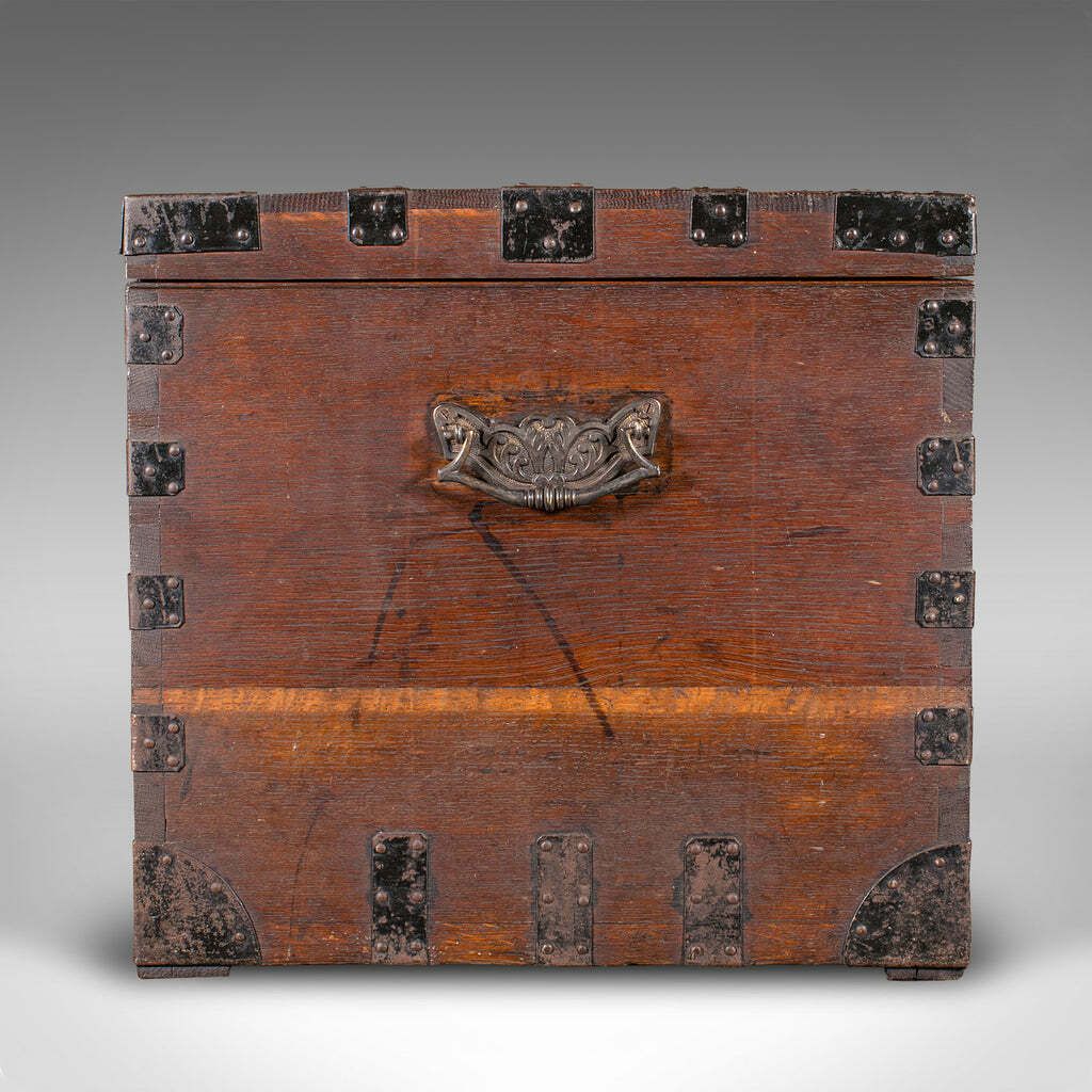 Antique Fitted Silver Chest, English, Oak, Iron Bound, Shipping Trunk, Victorian photo Furniture