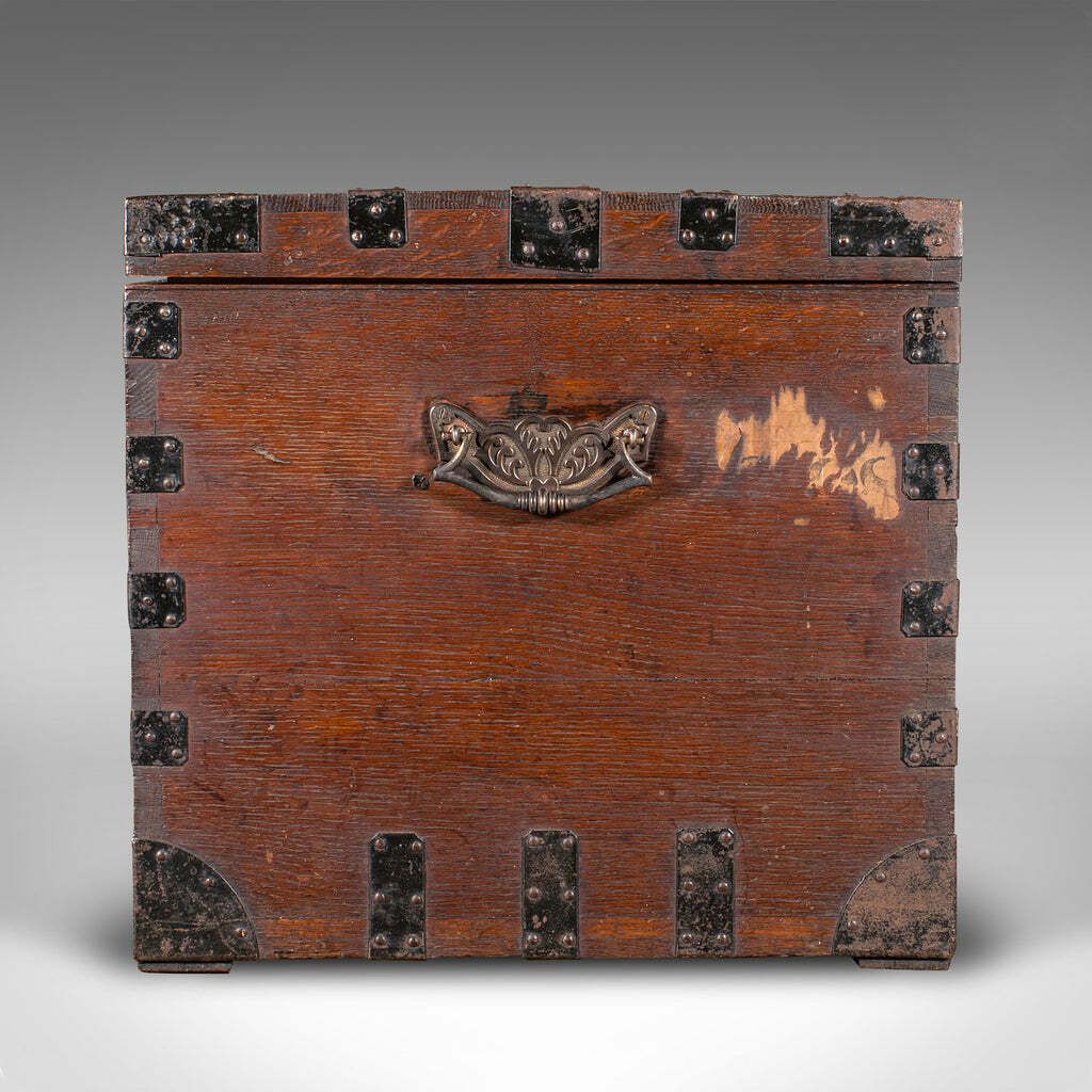 Antique Fitted Silver Chest, English, Oak, Iron Bound, Shipping Trunk, Victorian photo vinterior
