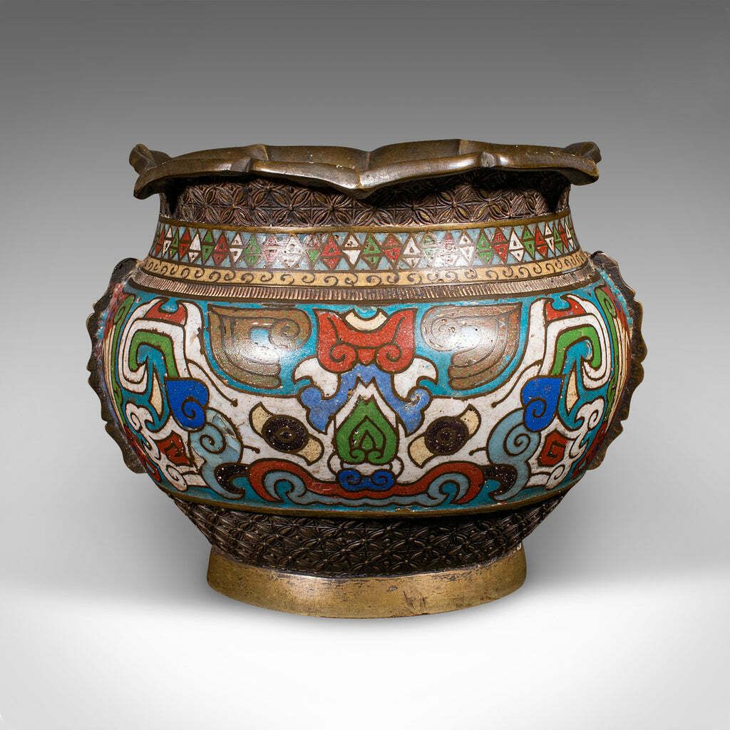 Antique Siamese Planter Bowl, Thai, Bronze, Cloisonne, Jardiniere Pot, Victorian photo furniture