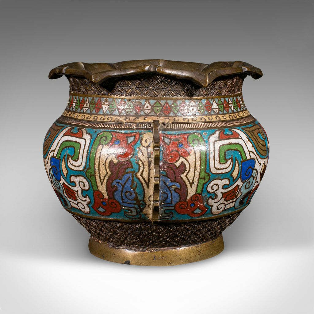 Antique Siamese Planter Bowl, Thai, Bronze, Cloisonne, Jardiniere Pot, Victorian photo for sale