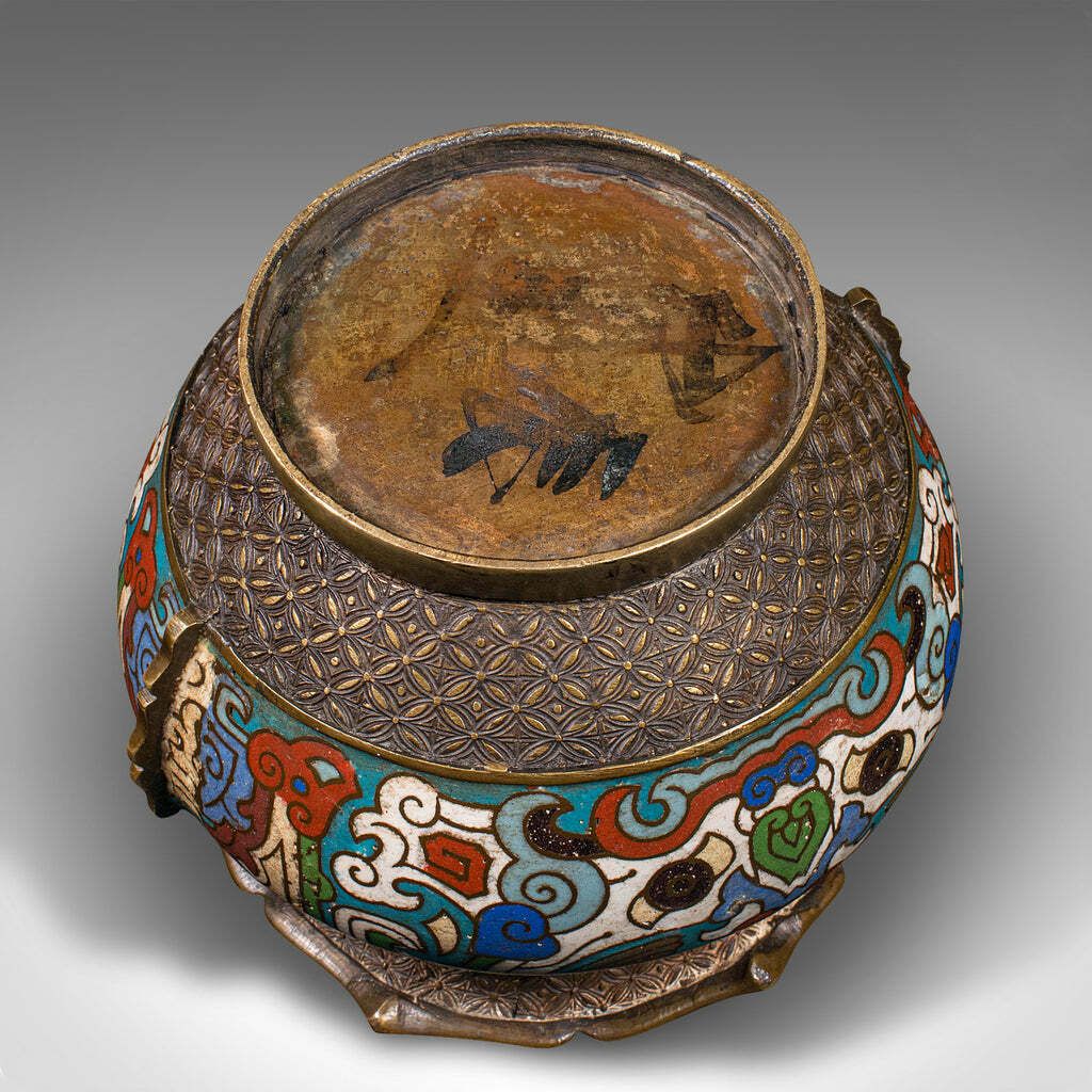 Antique Siamese Planter Bowl, Thai, Bronze, Cloisonne, Jardiniere Pot, Victorian photo vintage