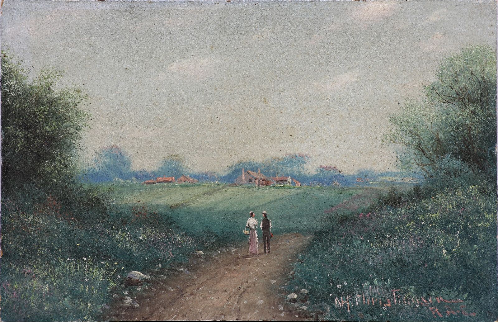 Oil On Board By Nils Hans Christiansen. Couple On A Country Lane. photo for sale