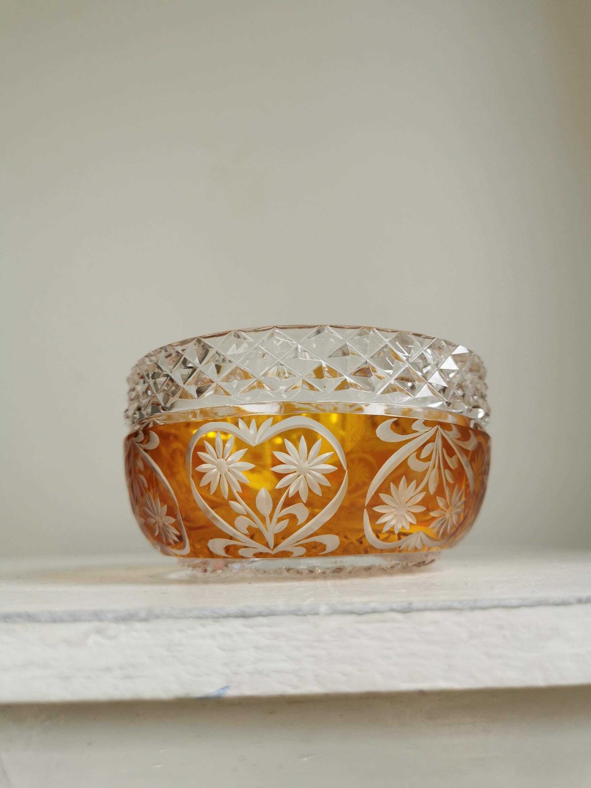 Vintage Crystal Candy Bowl / 1970s / Clear And Amber Fruit Pot / Table Centerpiece / Flower Container / Bohemian Crystal Glass photo furniture