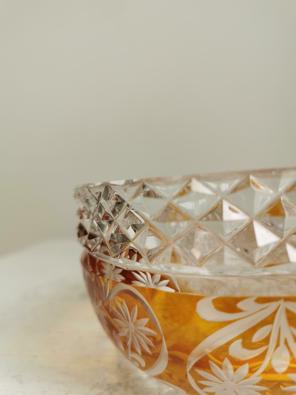 Vintage Crystal Candy Bowl / 1970s / Clear And Amber Fruit Pot / Table Centerpiece / Flower Container / Bohemian Crystal Glass photo vintage