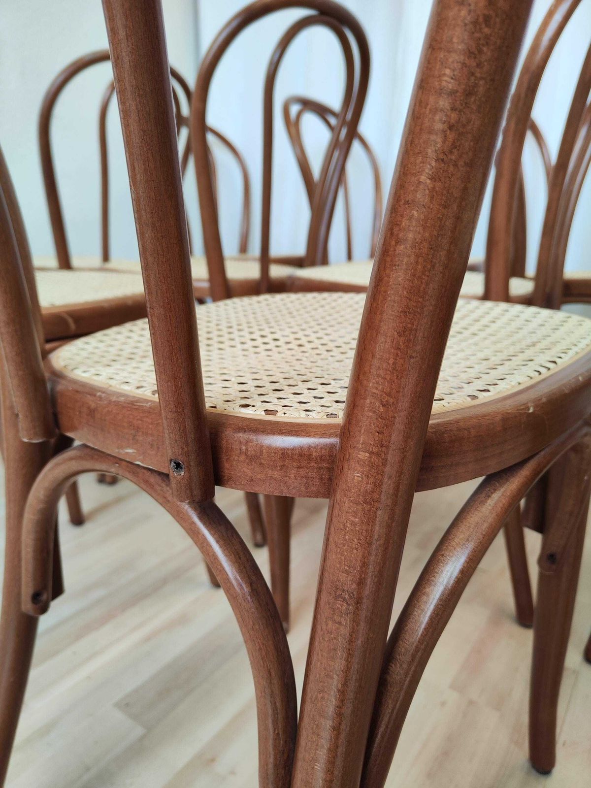 photo for sale 1 Of 9 Vintage Wooden Dining Chairs With Cane Seat / Mid Century Thonet Style N18 / 1970s / Bentwood Techique Dine Chairs / Bistro Bar Pub