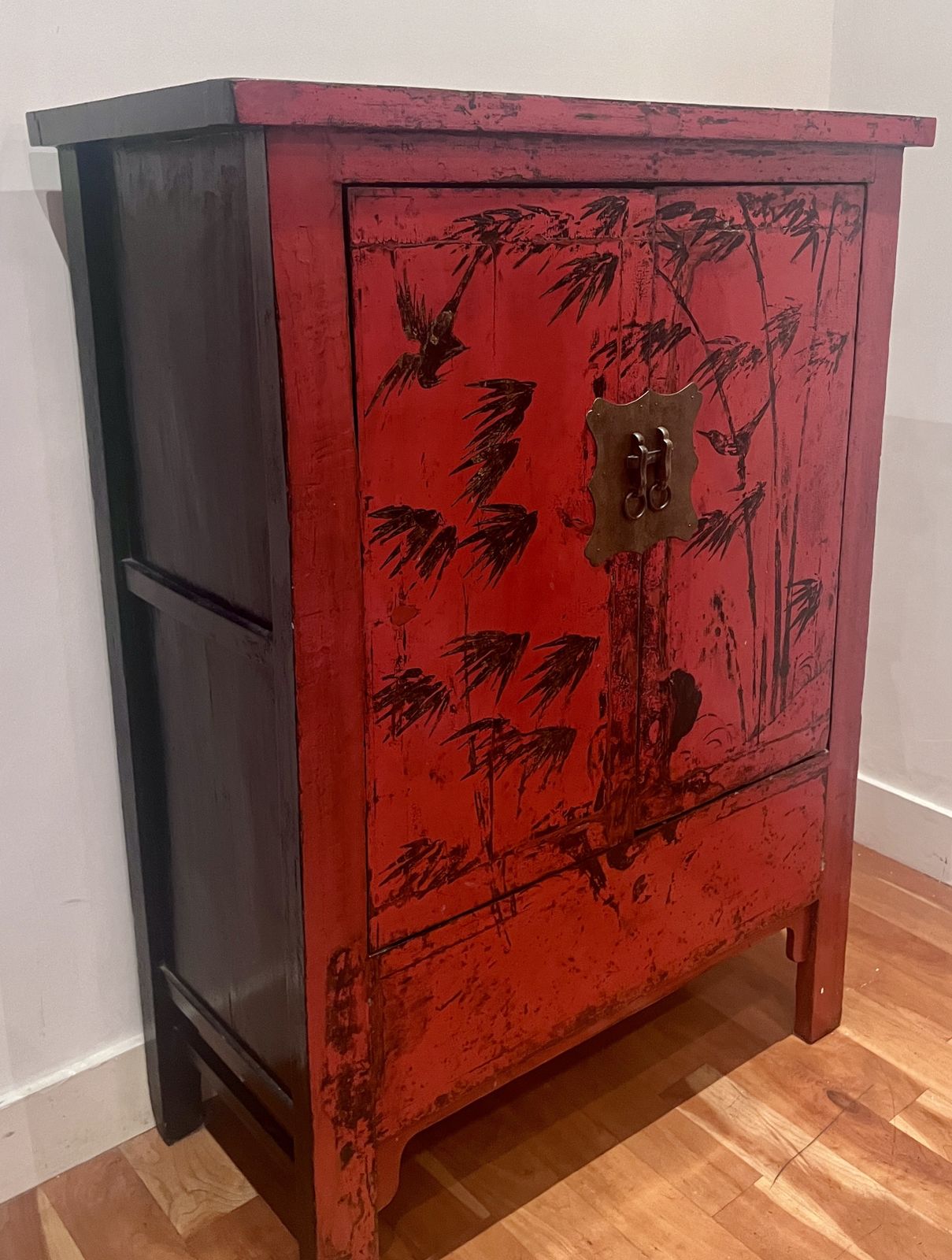 19th Century Antique Chinese Red, Tall Lacquered Wedding/Linen Cabinet Featuring Hand Painted Bamboos & Birds Design   Qing Dynasty photo furniture