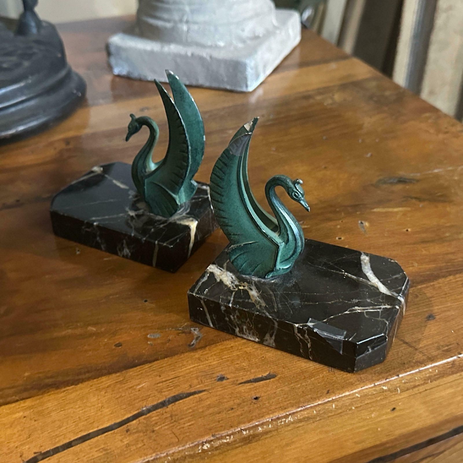 1930s Art Deco Marble And Green Metal French Swan Bookends photo vinterior