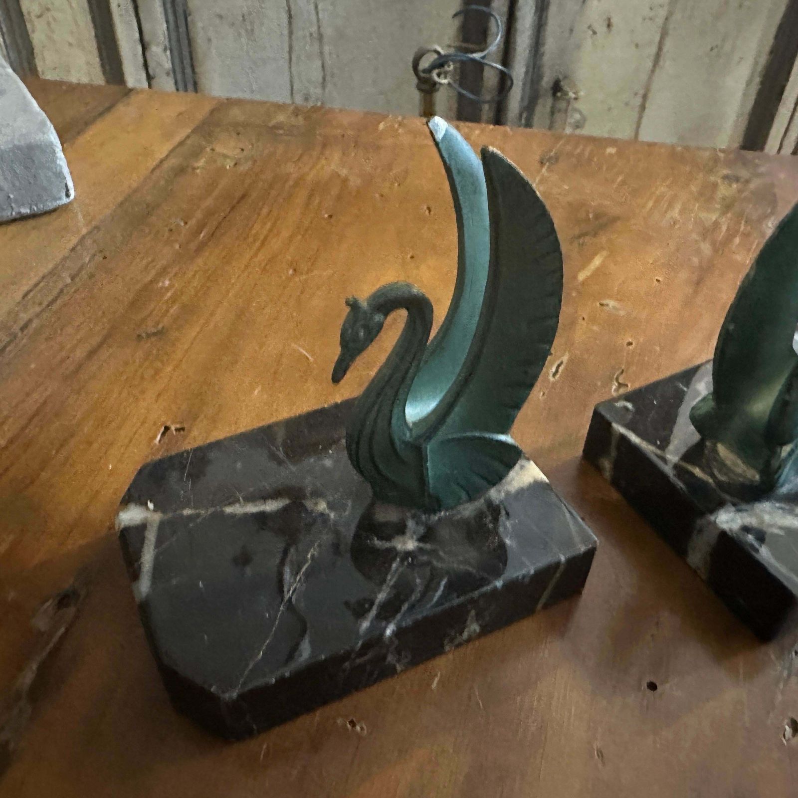 1930s Art Deco Marble And Green Metal French Swan Bookends photo buy