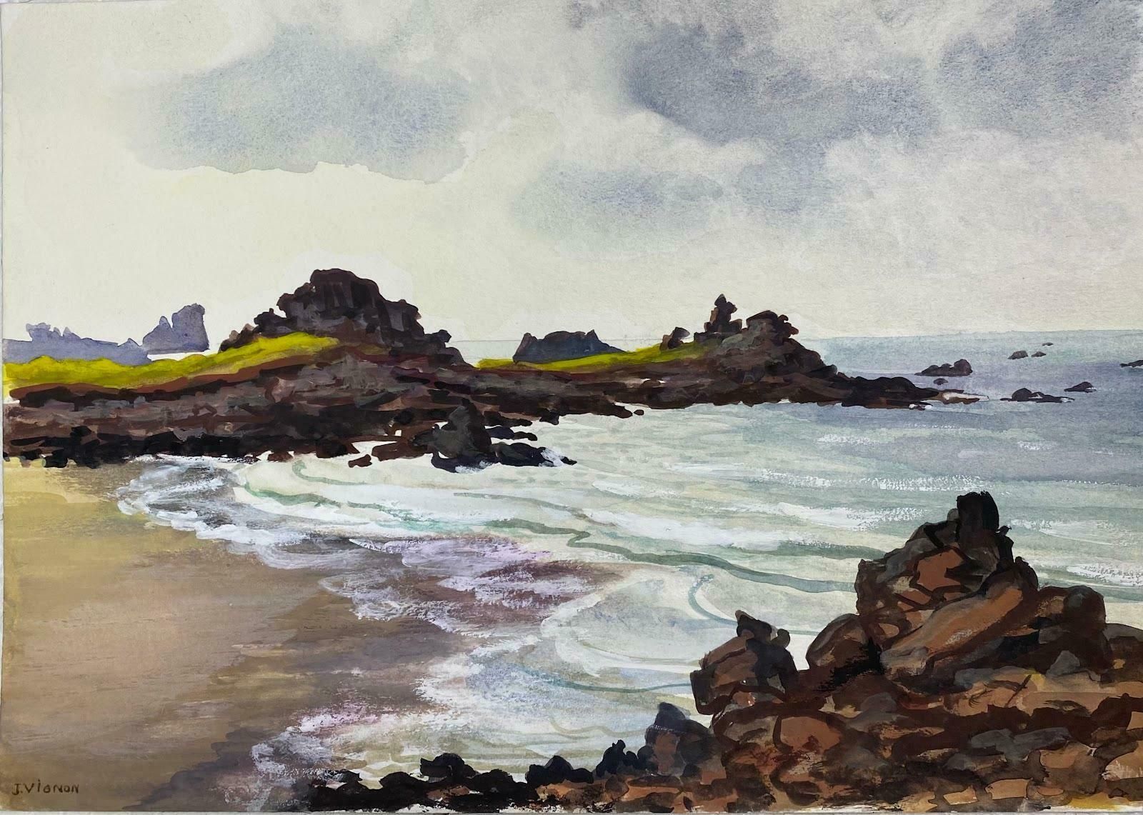 Josine Vignonpost Impressionist French Watercolour Painting Sandy Beach And Seascape C.1985