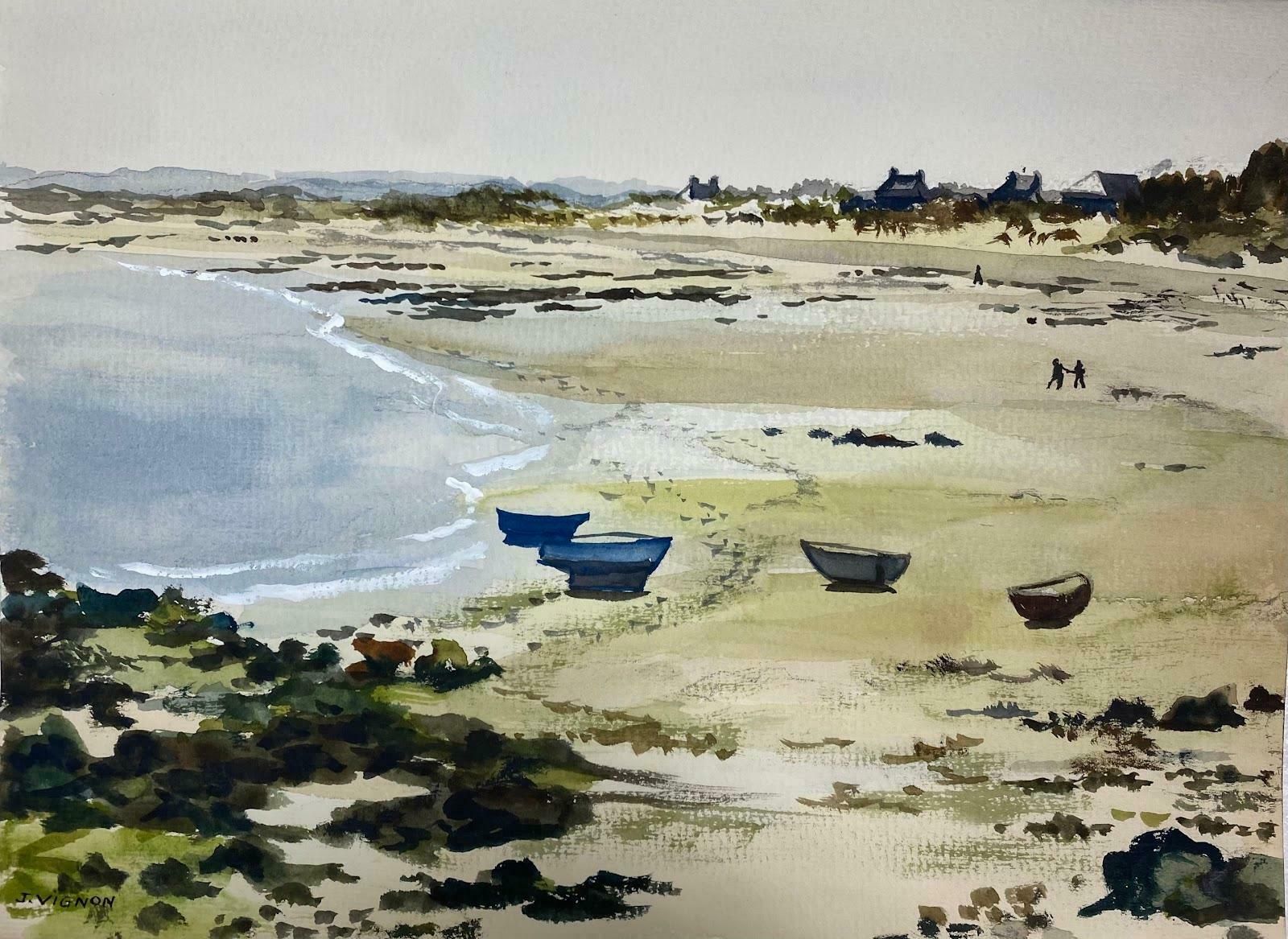 Josine Vignonpost Impressionist French Watercolour Painting The Beach Of Port Caen, Brittanyc.1984