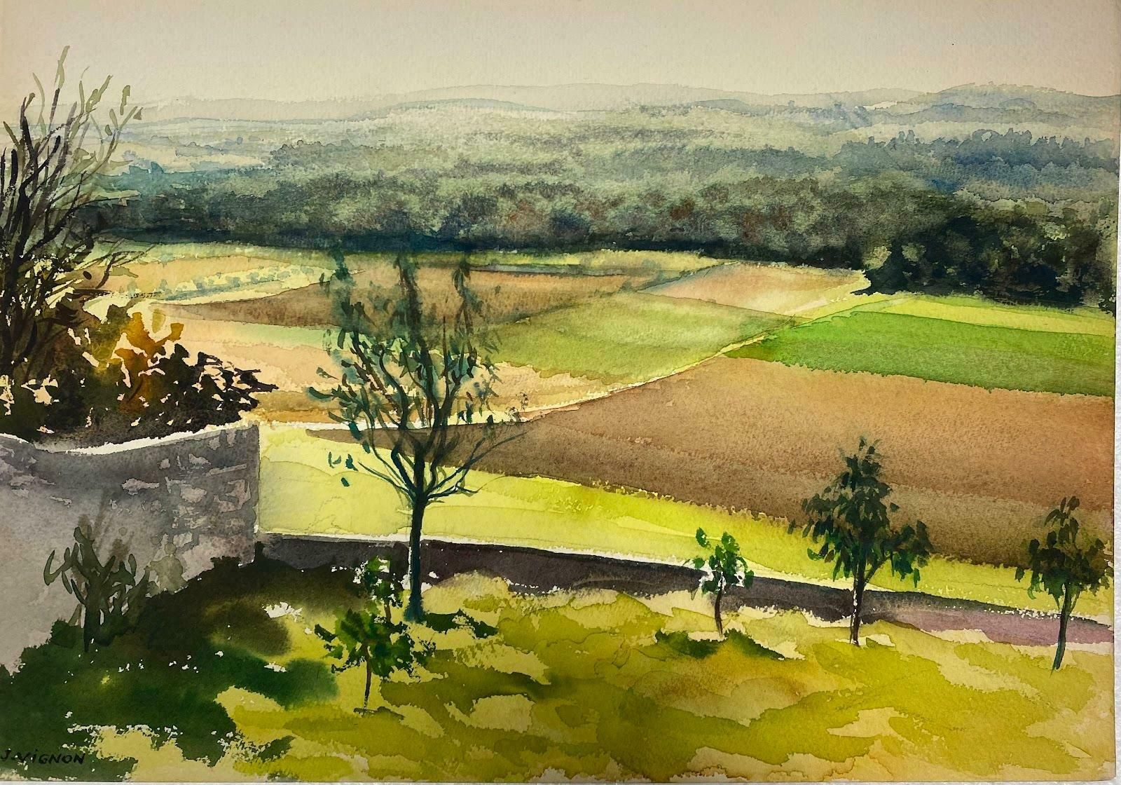 Josine Vignonpost Impressionist French Watercolour Painting Summer Green Open Field Landscapec.1990