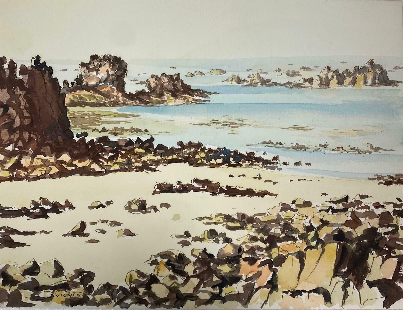 Josine Vignonpost Impressionist French Watercolour Painting Rocky Blue Sea Coastal Landscapec.1990