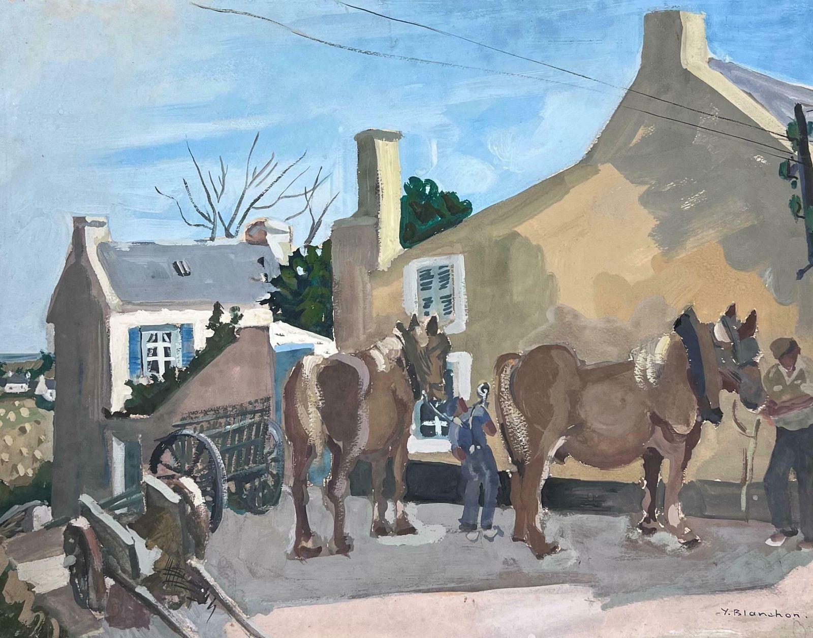 Y. Blanchon1930's Gouache Painting Preparing The Horses And Kart In The French Town1930's