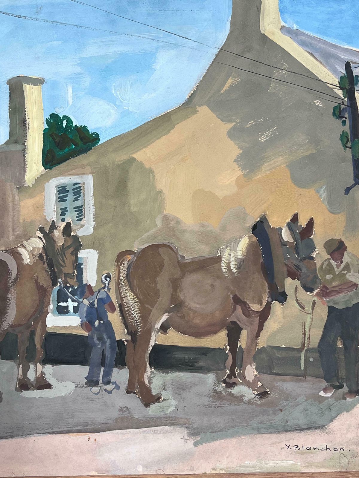 Y. Blanchon1930's Gouache Painting Preparing The Horses And Kart In The French Town1930's photo Art