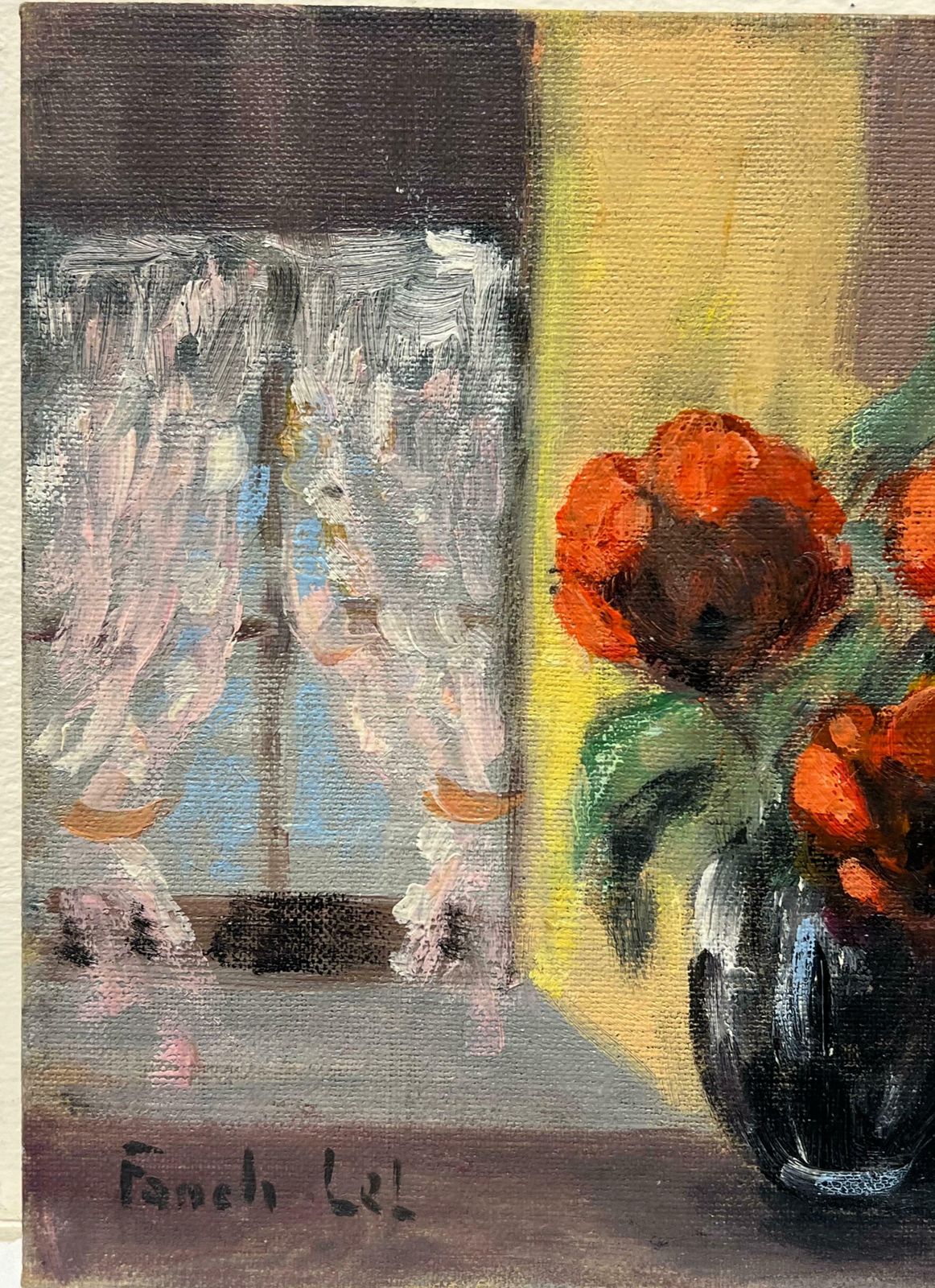 Fanch Lelcozy Still Life Of Red Peonies In Black Vase By A Sunlit Window French Oil20th Century photo 636.0